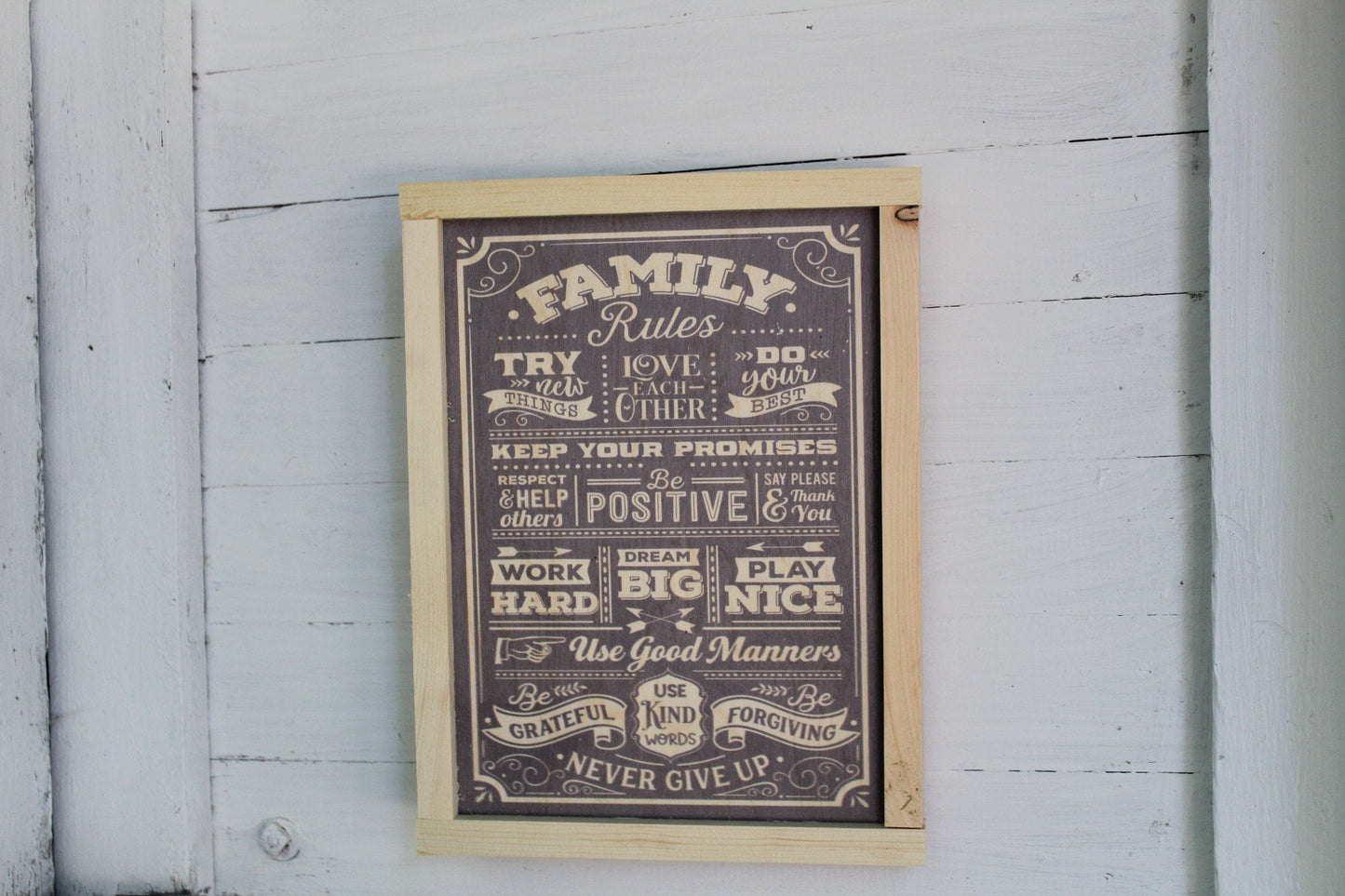 Family Rules Wood Sign Primitive Thank You Grateful Kind Positive Forgiving Wall Hanging Decoration Rustic Never Give Up Love Respect