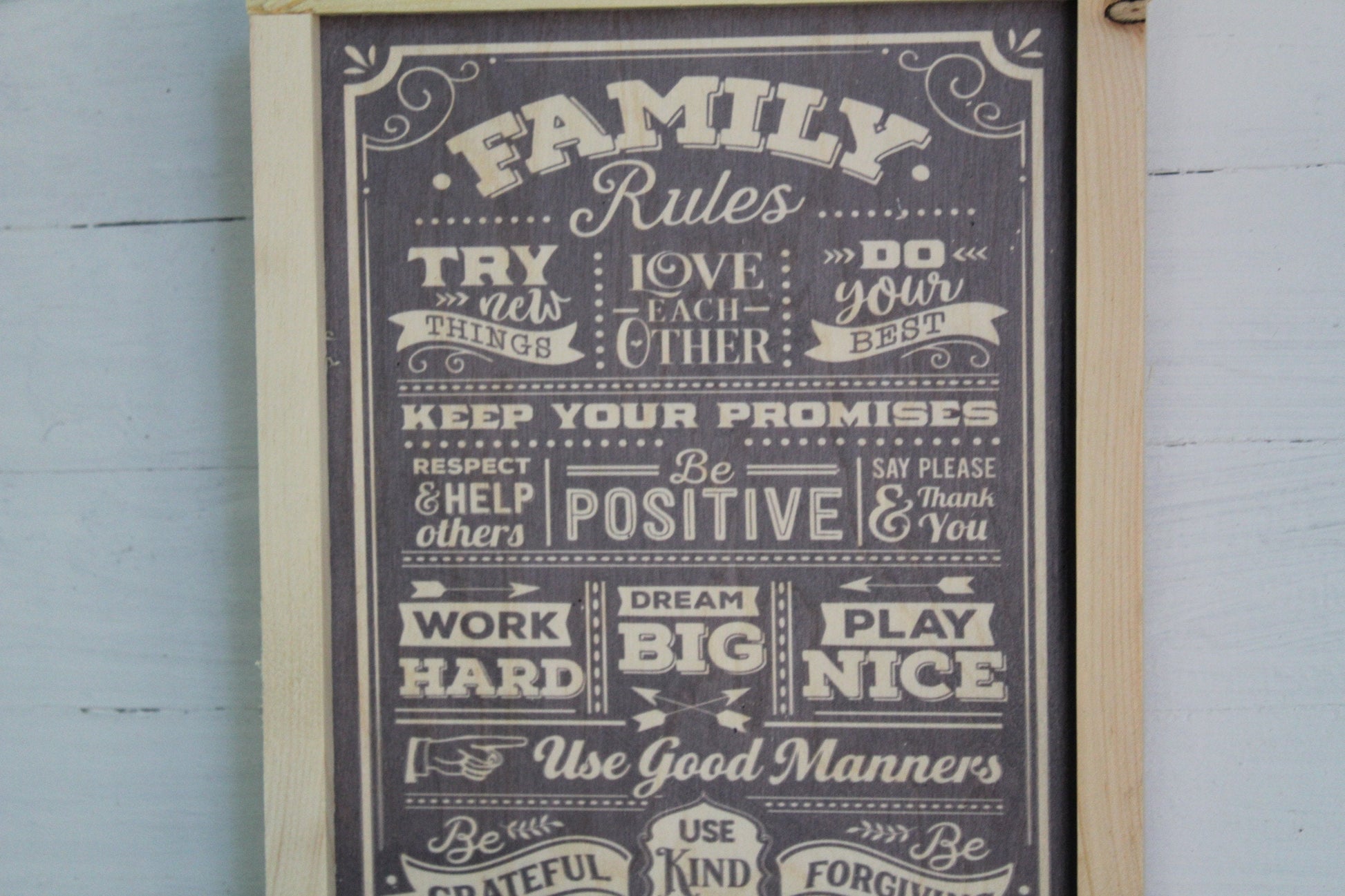 Family Rules Wood Sign Primitive Thank You Grateful Kind Positive Forgiving Wall Hanging Decoration Rustic Never Give Up Love Respect