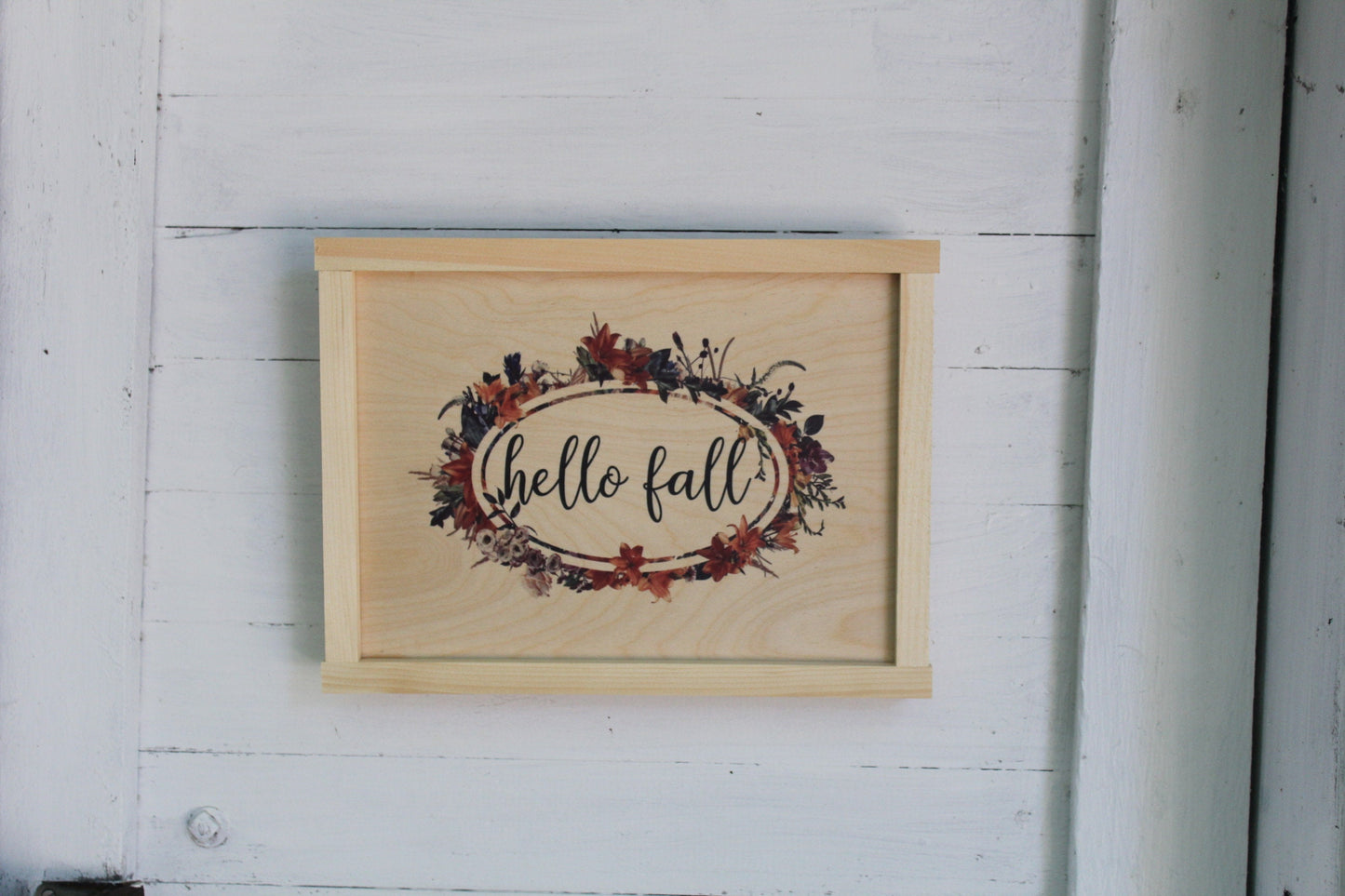 Hello Fall Colorful Wreath Wood Sign Rustic Wall Hanging Leaves Blue Mauve Natural Wood Framed Print Text Country Decoration Gift Simple