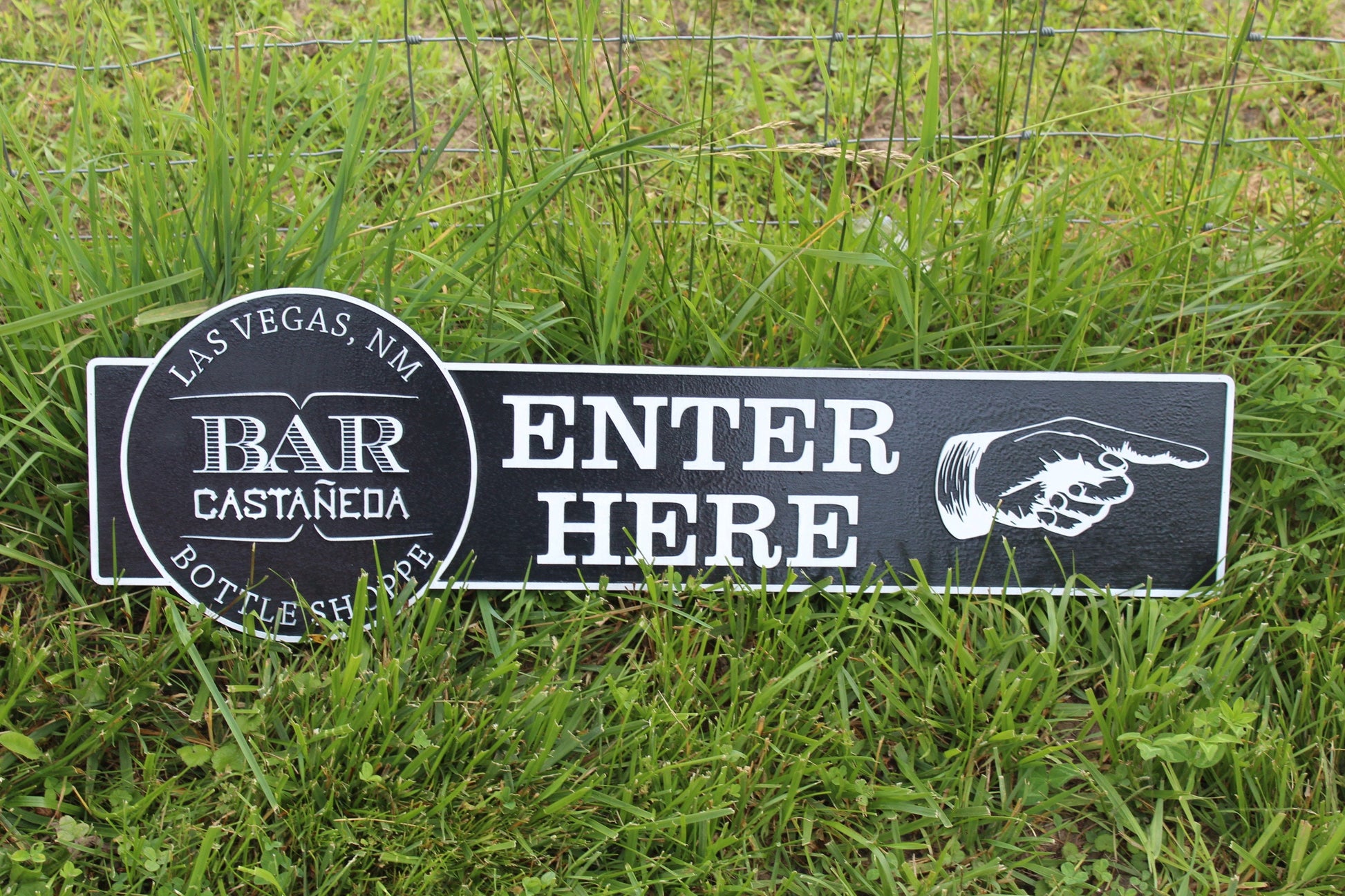 Custom Signage Logo Vintage Bar Sign Bottle Shop Enter Here ExtraLarge Finger Pointing Rustic Small Company Restaurant Indoor Outdoor Emblem