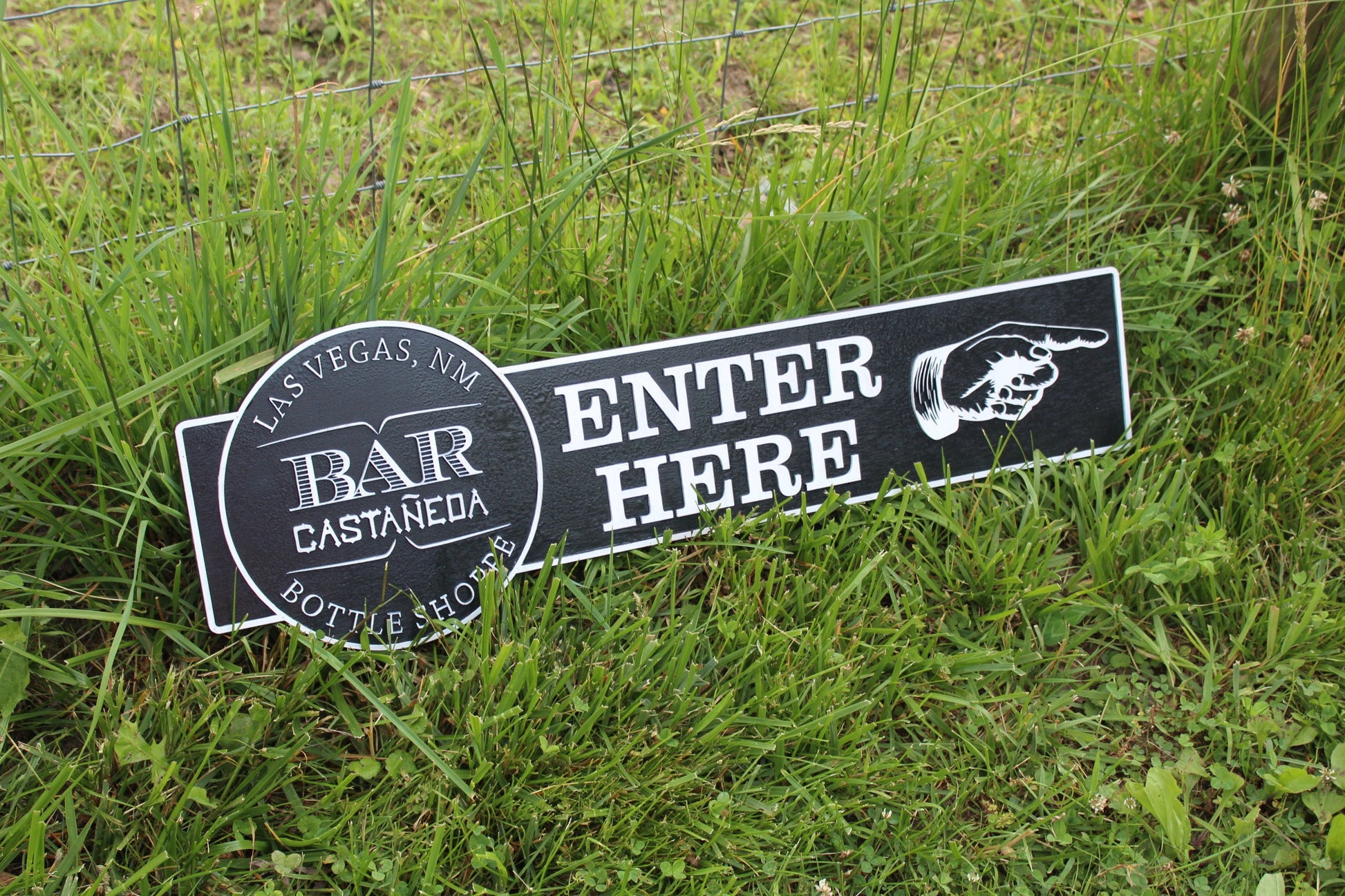 Custom Signage Logo Vintage Bar Sign Bottle Shop Enter Here ExtraLarge Finger Pointing Rustic Small Company Restaurant Indoor Outdoor Emblem