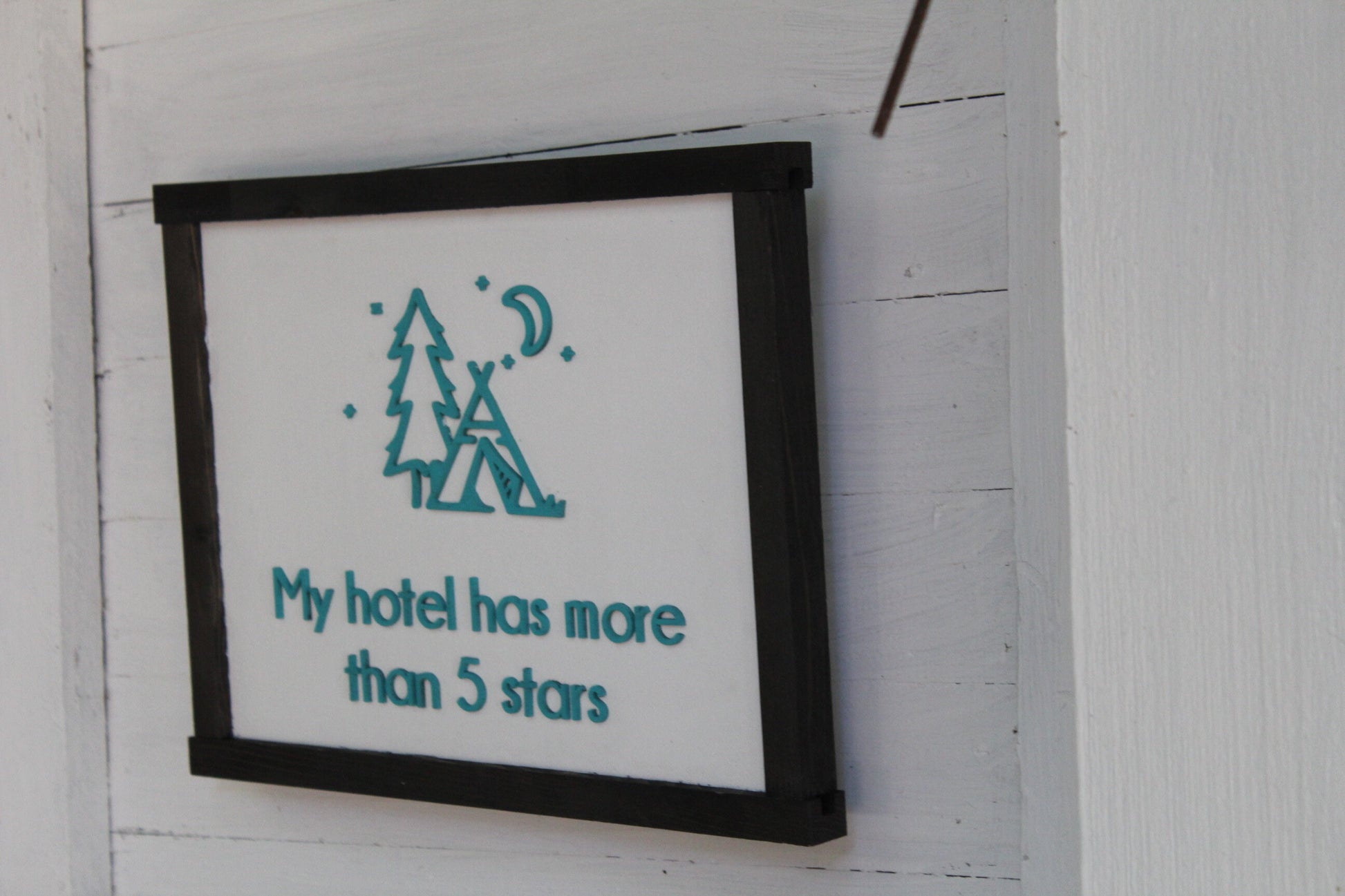 My Hotel Has More Than Five Stars Camping Wood Sign Text Motor Home Camper Life Wall Hanging Decoration Rustic Decor Teal White Farmhouse