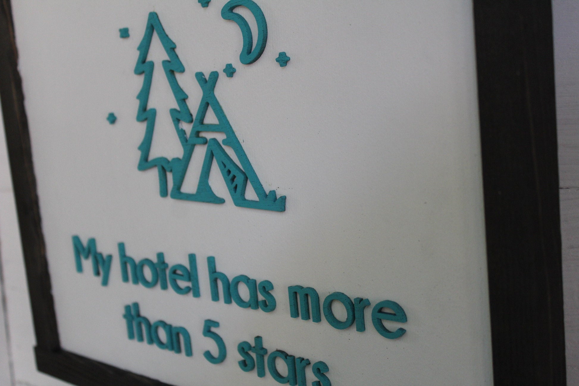 My Hotel Has More Than Five Stars Camping Wood Sign Text Motor Home Camper Life Wall Hanging Decoration Rustic Decor Teal White Farmhouse