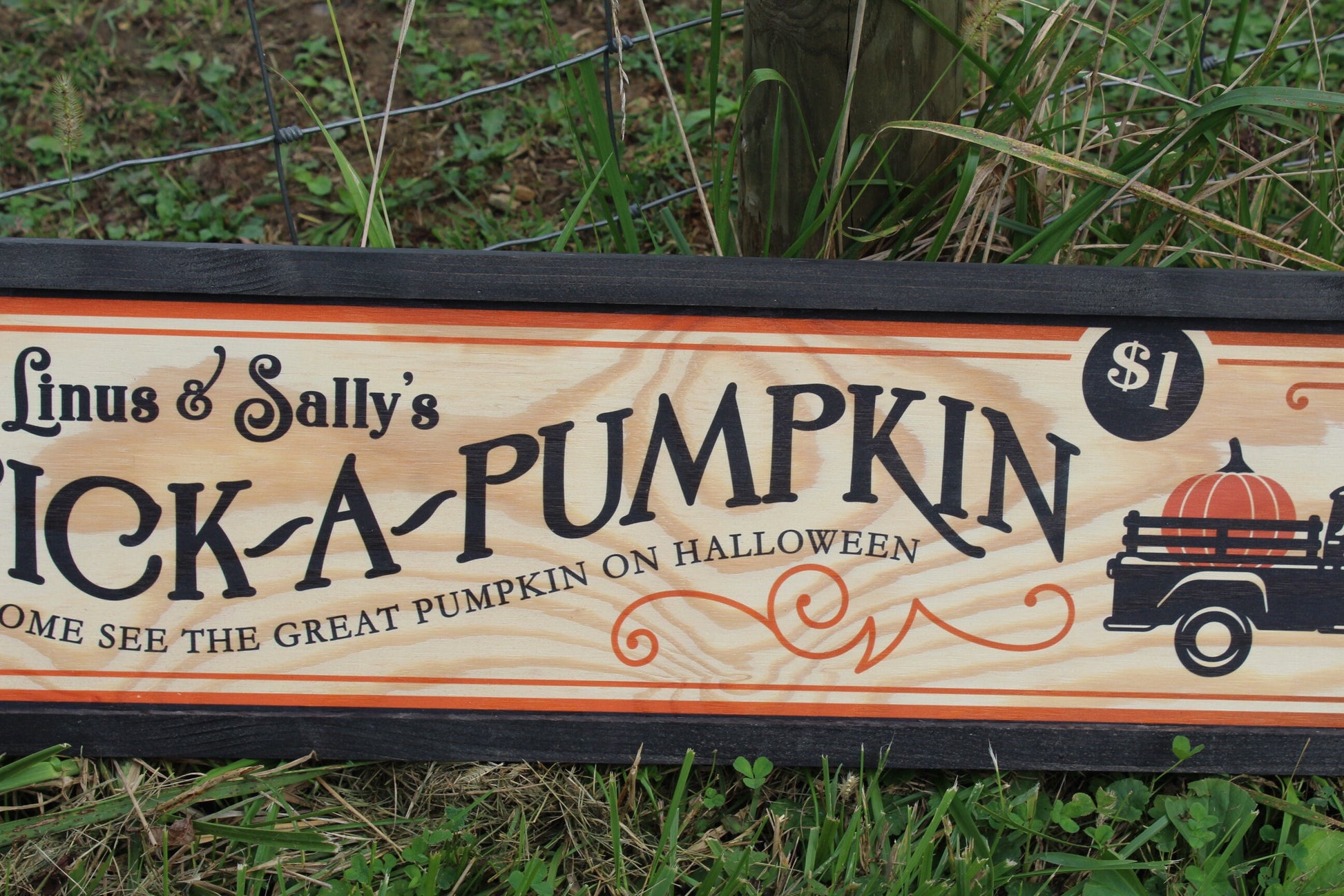 Linus and Sallys Pick A Pumpkin Pumpkin Patch Black Vintage Truck Long Wood Sign Printed Halloween Fall Autumn Decoration Decor Great