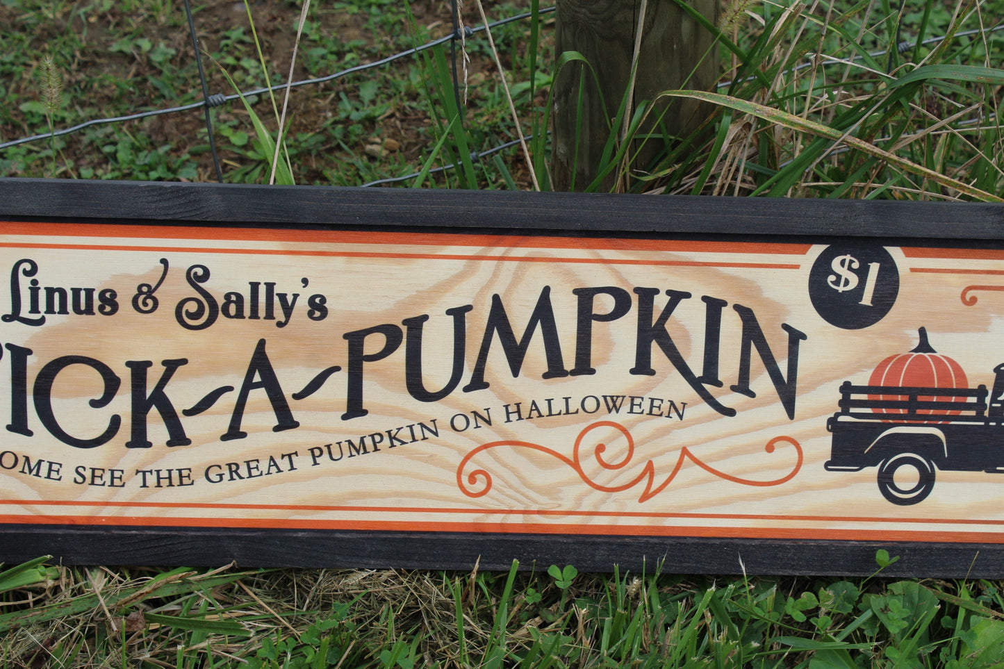 Linus and Sallys Pick A Pumpkin Pumpkin Patch Black Vintage Truck Long Wood Sign Printed Halloween Fall Autumn Decoration Decor Great