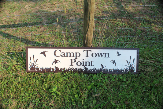 Camp Wood Sign Cabin Entrance Black White Customizable name Rustic birds trees grass driveway campground rustic handmade Raised 3D Lettering