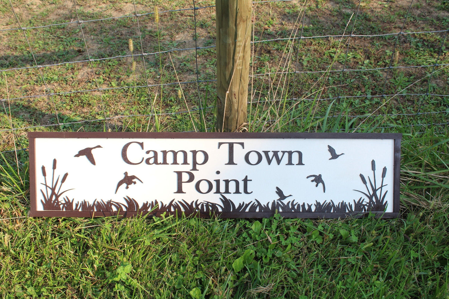 Camp Wood Sign Cabin Entrance Black White Customizable name Rustic birds trees grass driveway campground rustic handmade Raised 3D Lettering