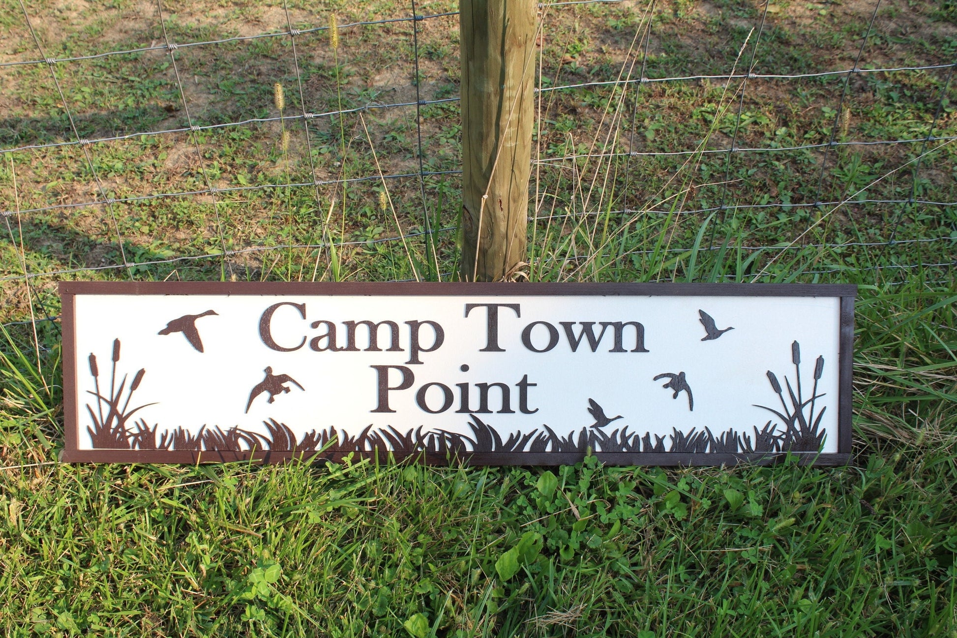 Camp Wood Sign Cabin Entrance Black White Customizable name Rustic birds trees grass driveway campground rustic handmade Raised 3D Lettering