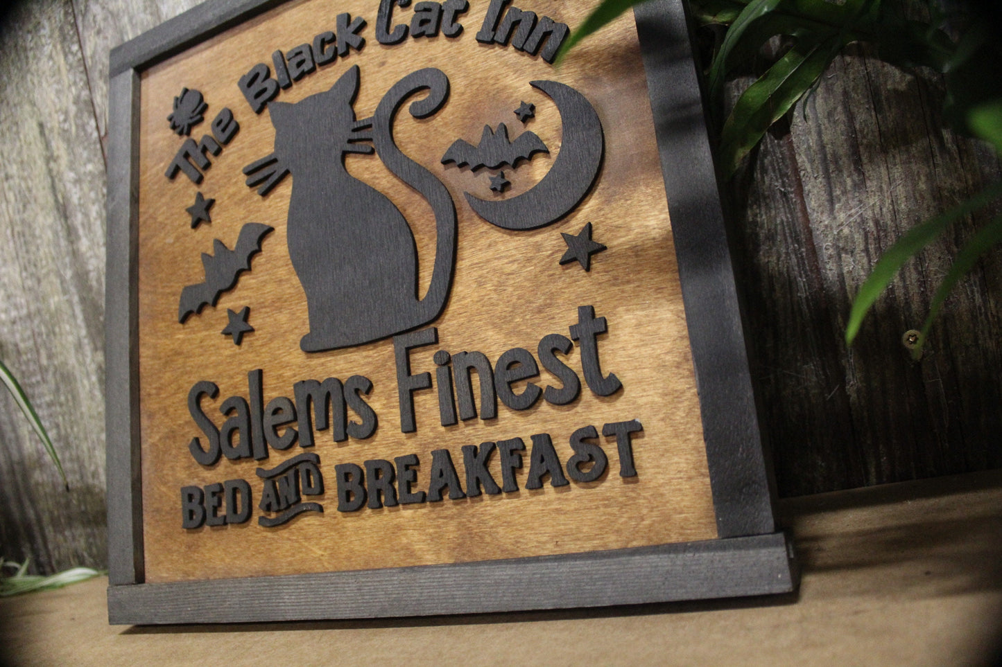Black Cat Salem Fine Bed and Breakfast Square Wood 3D lettering Classic Rustic Halloween Fall Autumn Holiday Seasonal Bats Cute Kitchen Home