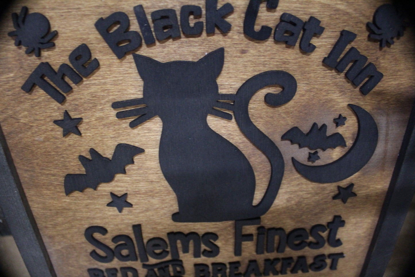 Black Cat Salem Fine Bed and Breakfast Square Wood 3D lettering Classic Rustic Halloween Fall Autumn Holiday Seasonal Bats Cute Kitchen Home