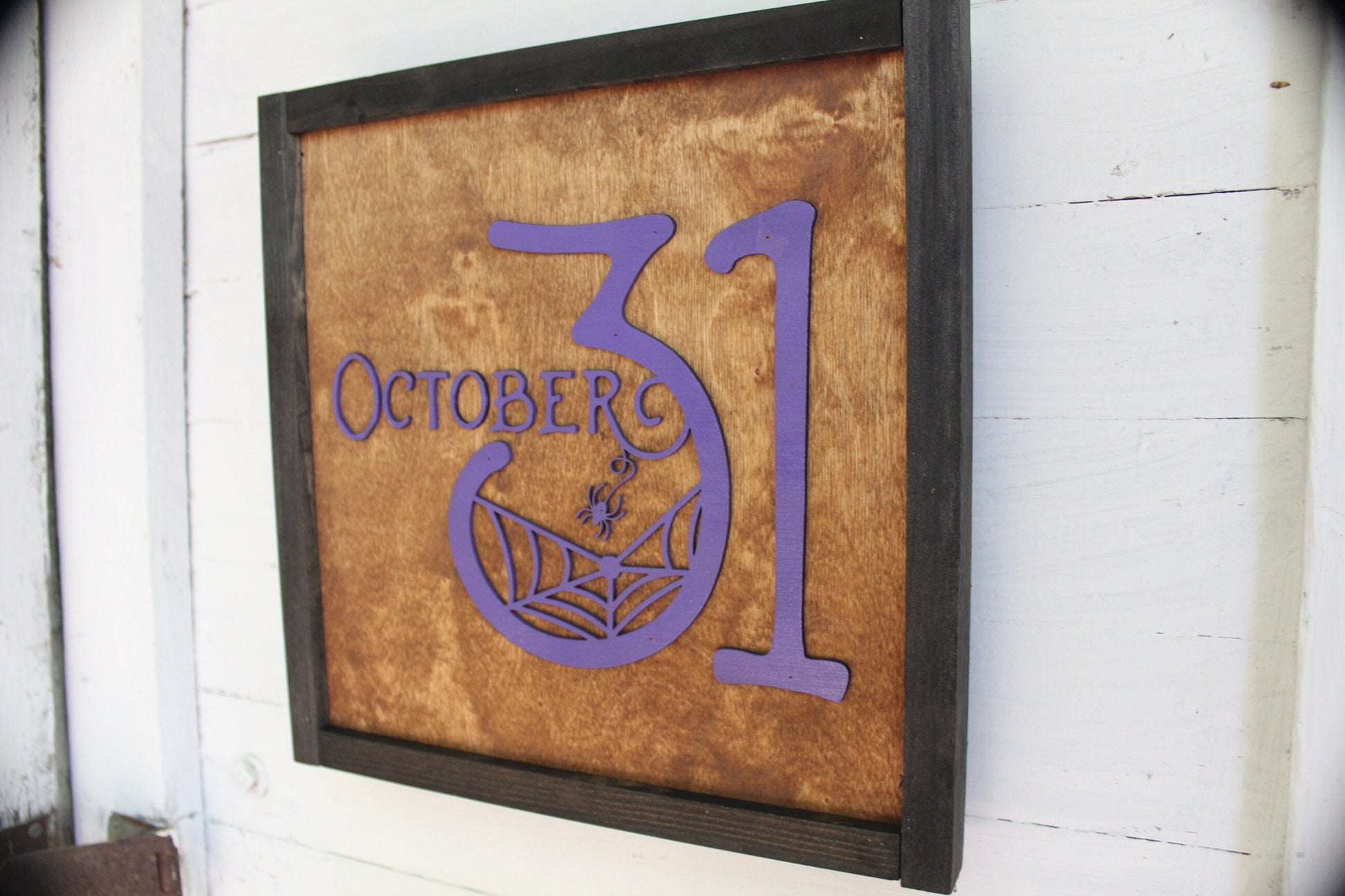 October 31st Halloween Square Wood Sign Rustic Purple Chic Web Spooky Seasonal Autumn Fall Outdoor Indoor Stained Framed Customizable