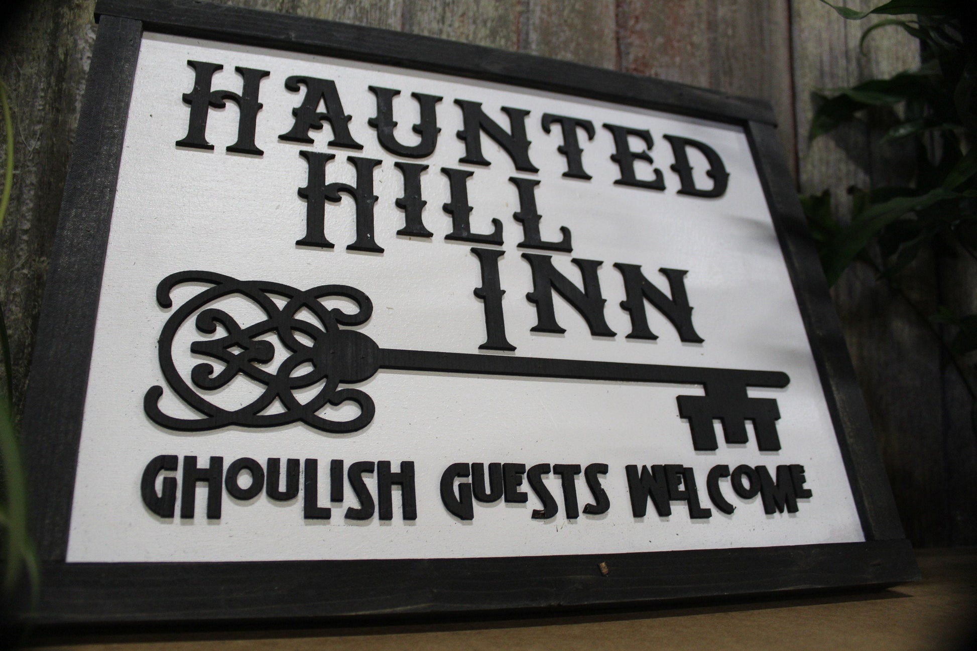 Haunted Hill Inn Sign Ghoul Ghosts Key Black White Guest Welcome Entry Small Rectangle Wood Rustic Scary Fun Artwork 3D Raised Lettering