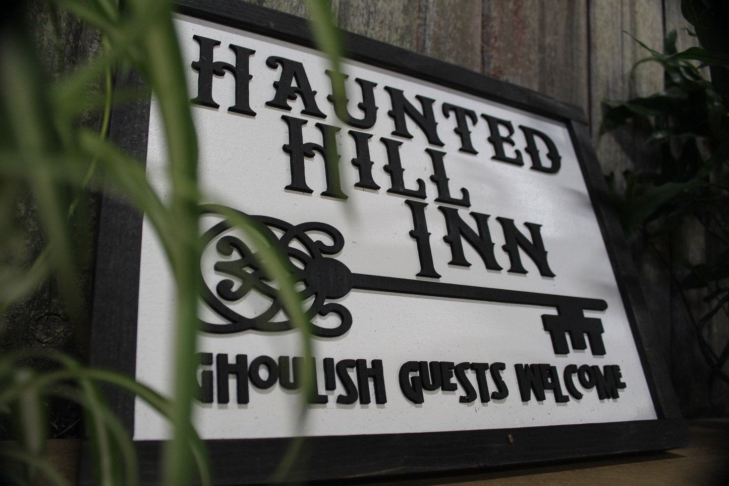 Haunted Hill Inn Sign Ghoul Ghosts Key Black White Guest Welcome Entry Small Rectangle Wood Rustic Scary Fun Artwork 3D Raised Lettering