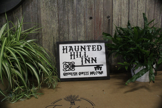 Haunted Hill Inn Sign Ghoul Ghosts Key Black White Guest Welcome Entry Small Rectangle Wood Rustic Scary Fun Artwork 3D Raised Lettering