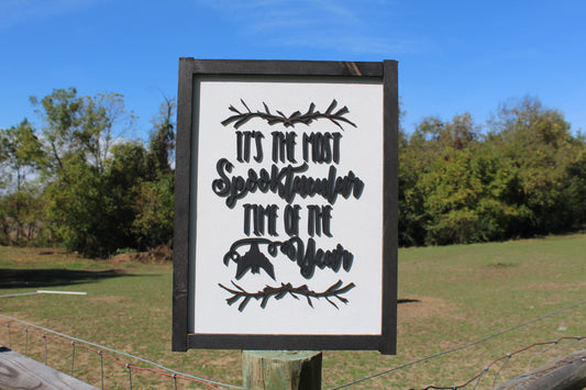 Halloween Spooky Season Spooktacular Sign Time Year Black and White Sticks Bats Chic Cursive Words Sayings Framed 3D Lettering Sticks Wood