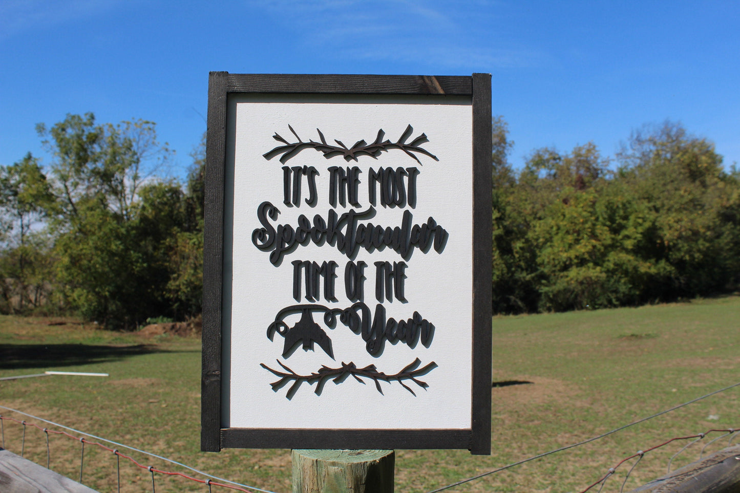 Halloween Spooky Season Spooktacular Sign Time Year Black and White Sticks Bats Chic Cursive Words Sayings Framed 3D Lettering Sticks Wood