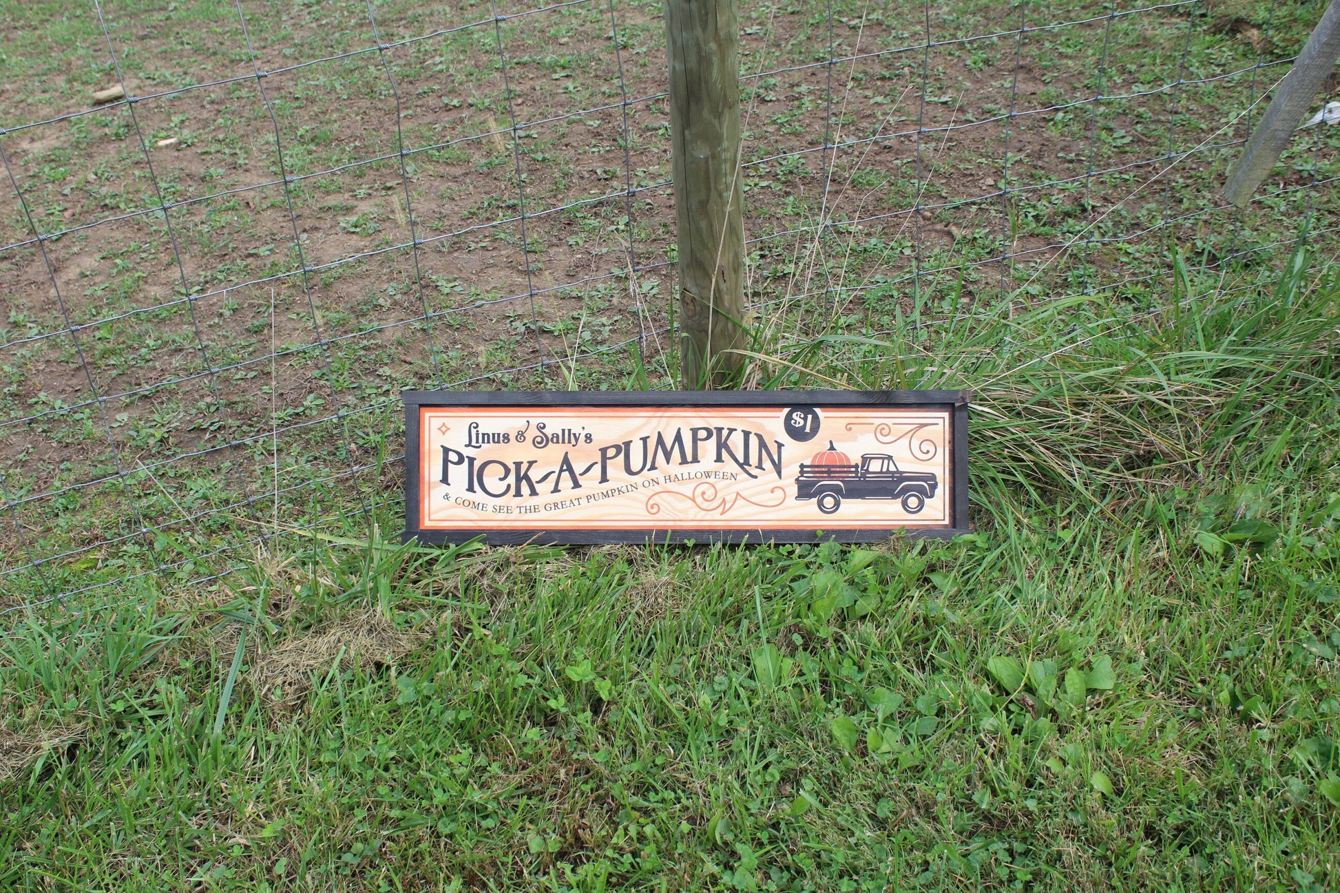 Linus and Sallys Pick A Pumpkin Pumpkin Patch Black Vintage Truck Long Wood Sign Printed Halloween Fall Autumn Decoration Decor Great