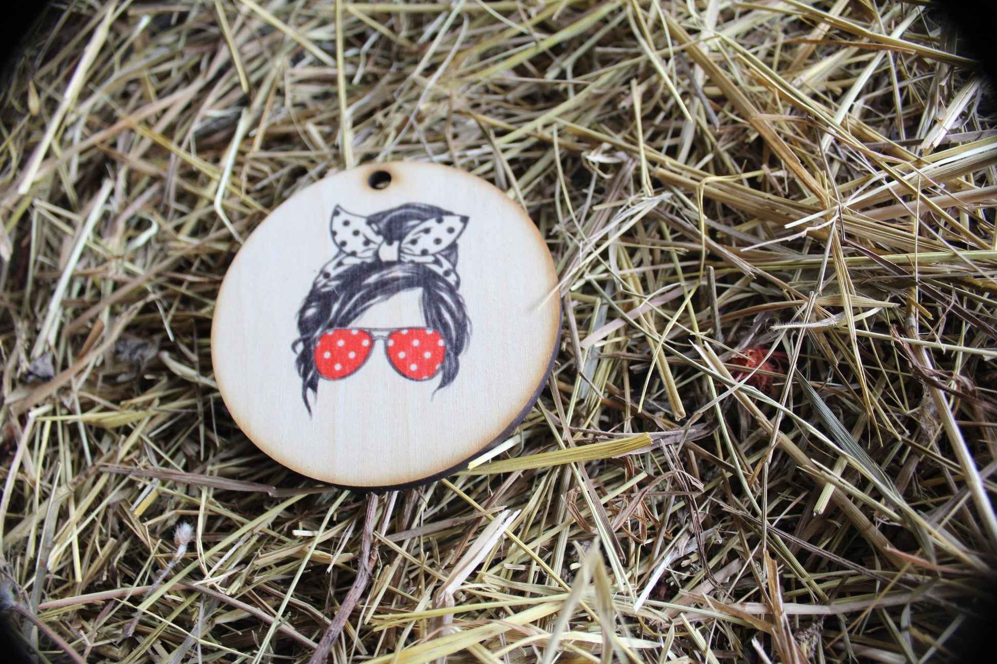 Cool Mom Sunglasses Hairtie Headband Polkadots Messy Bun Mom Life Christmas Gift Tag Holiday Woodslice Red Friend Gift