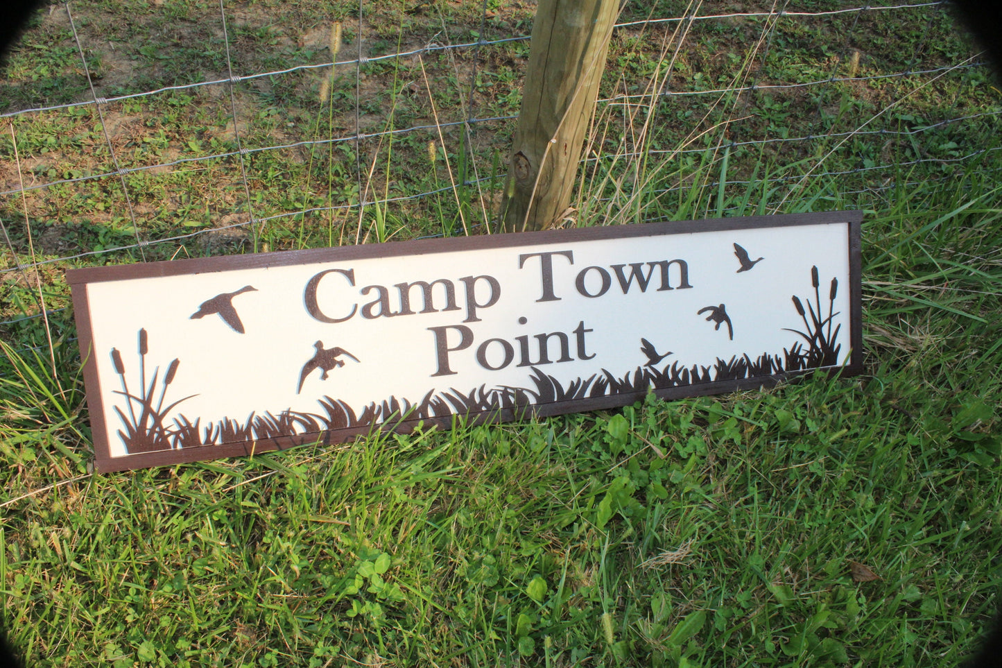 Camp Wood Sign Cabin Entrance Black White Customizable name Rustic birds trees grass driveway campground rustic handmade Raised 3D Lettering