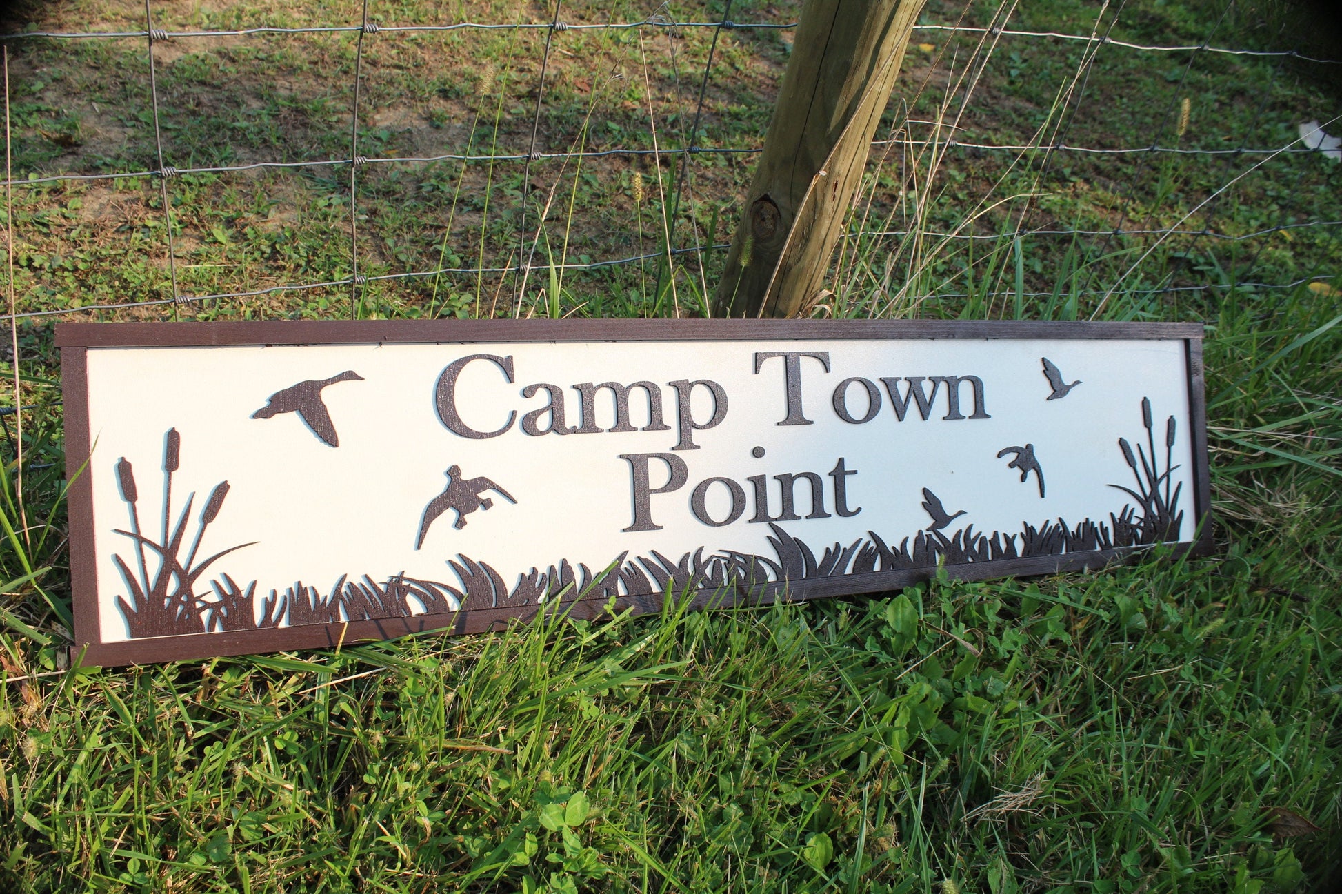 Camp Wood Sign Cabin Entrance Black White Customizable name Rustic birds trees grass driveway campground rustic handmade Raised 3D Lettering