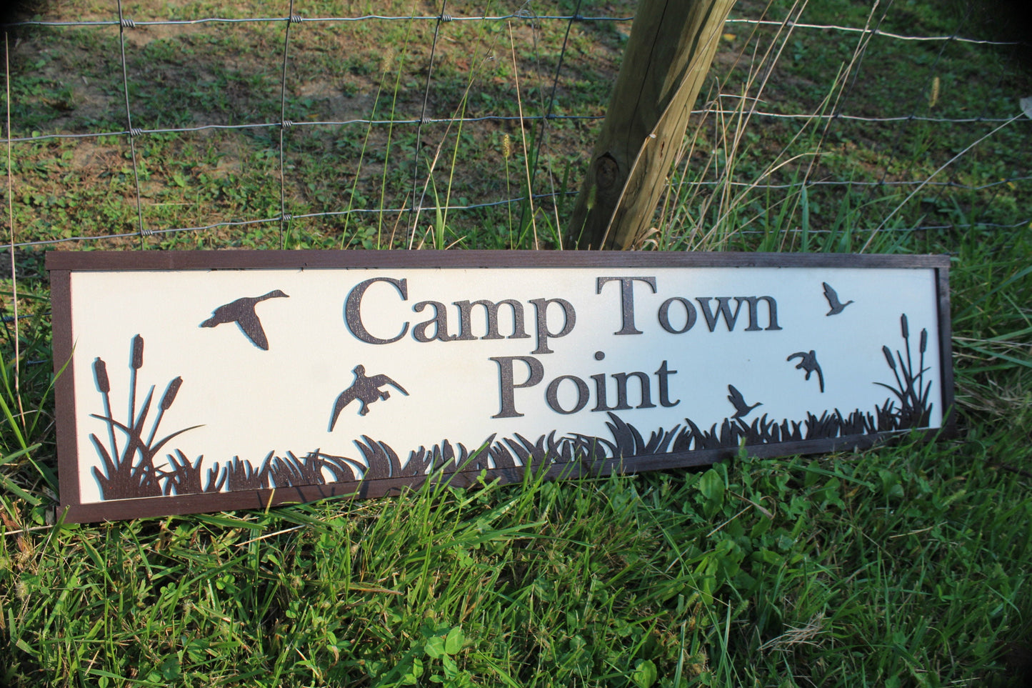 Camp Wood Sign Cabin Entrance Black White Customizable name Rustic birds trees grass driveway campground rustic handmade Raised 3D Lettering