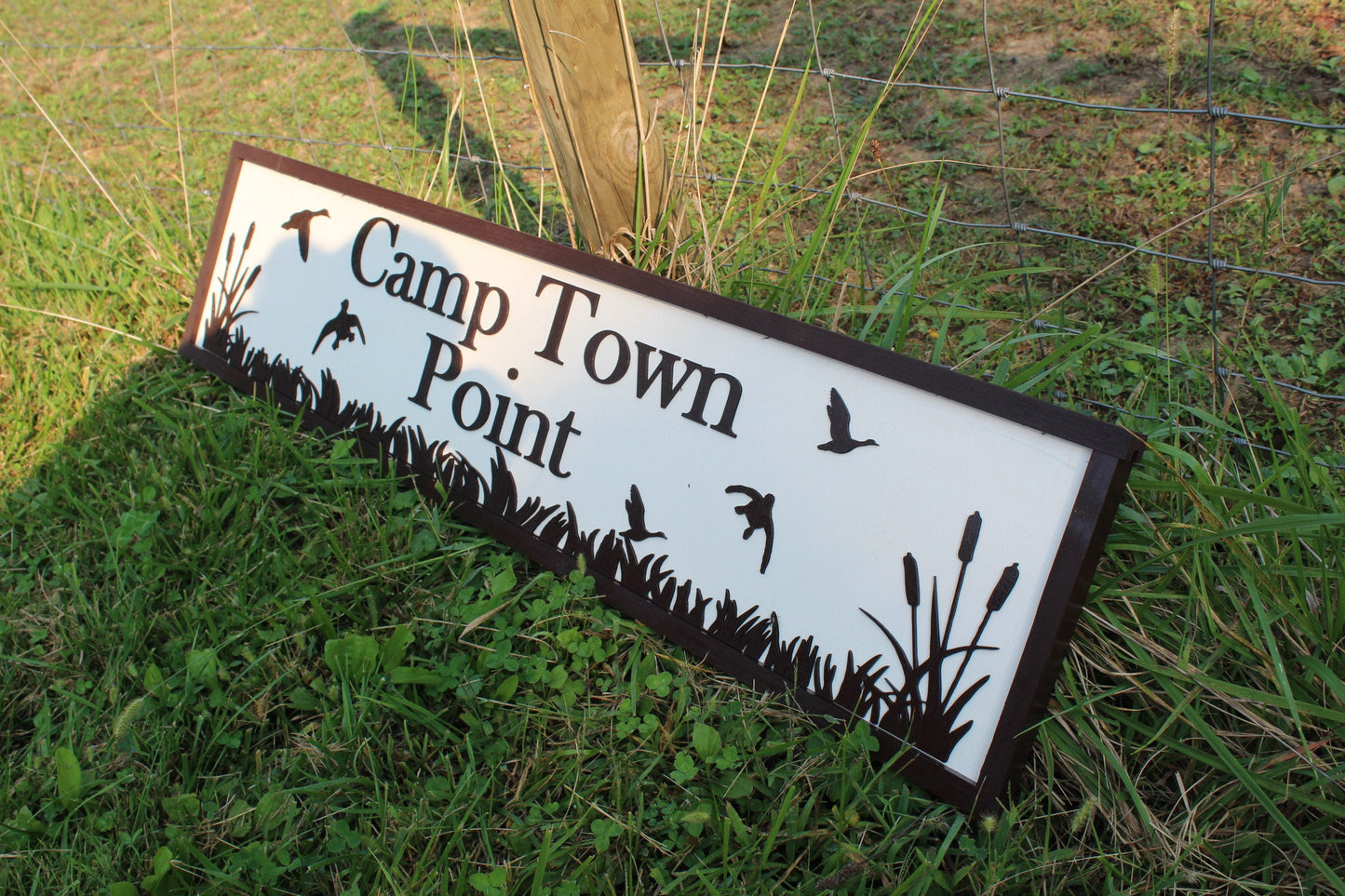 Camp Wood Sign Cabin Entrance Black White Customizable name Rustic birds trees grass driveway campground rustic handmade Raised 3D Lettering