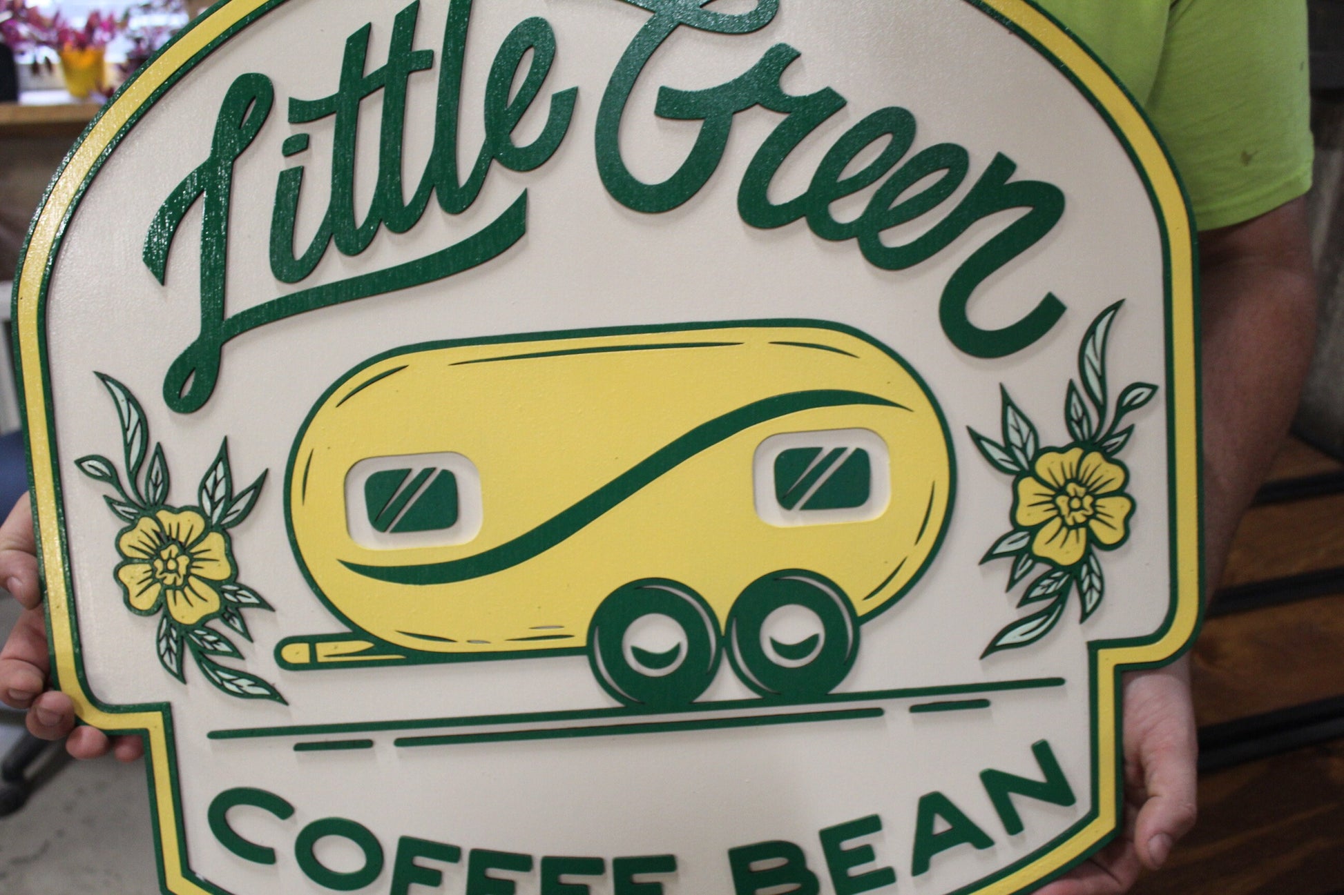Coffee Shop Little Camper Coffee Bean Yellow Green Design Logo Image Large Round Custom Wood Sign Can Be Hanging Indoor Outdoor Minimalist