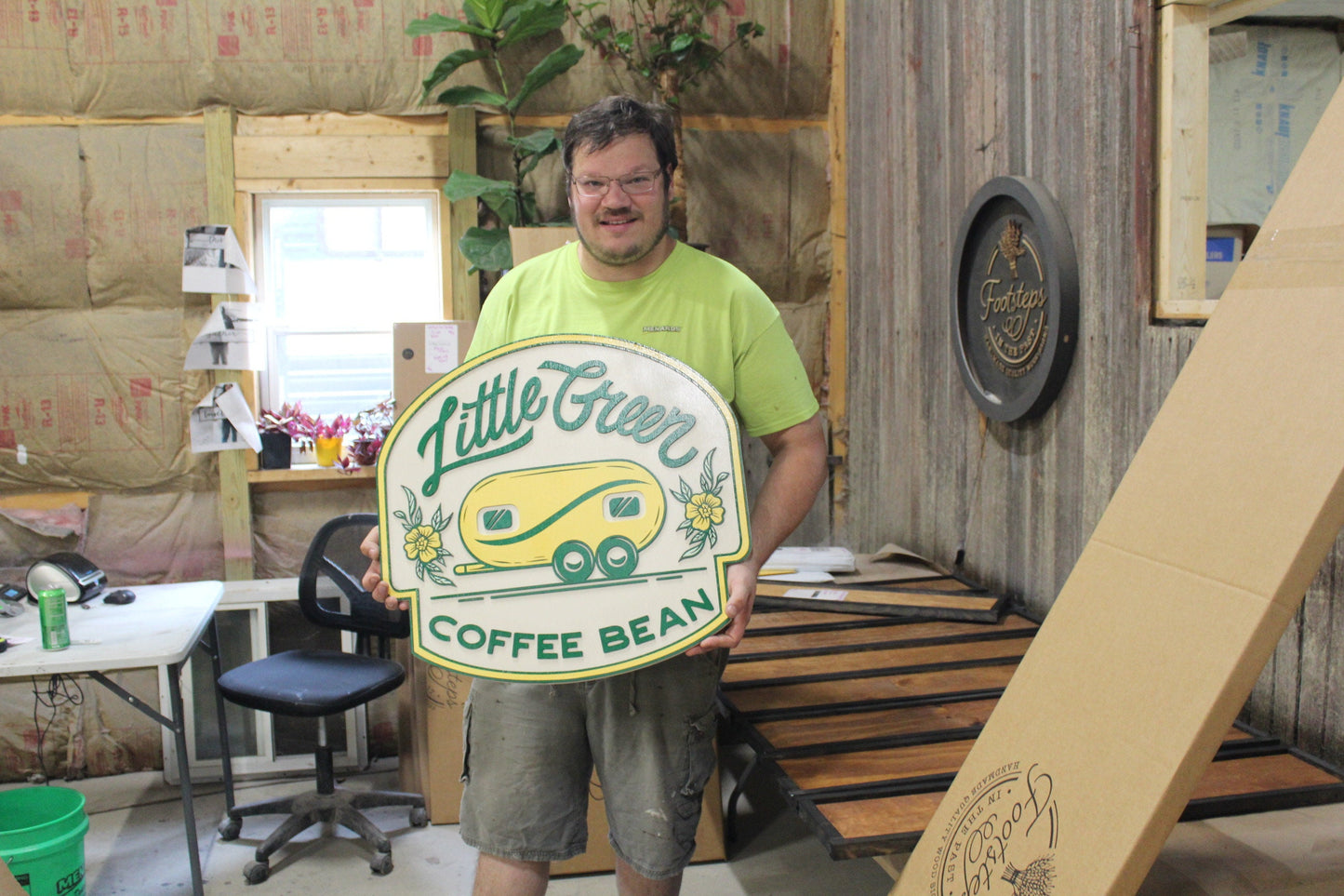 Coffee Shop Little Camper Coffee Bean Yellow Green Design Logo Image Large Round Custom Wood Sign Can Be Hanging Indoor Outdoor Minimalist