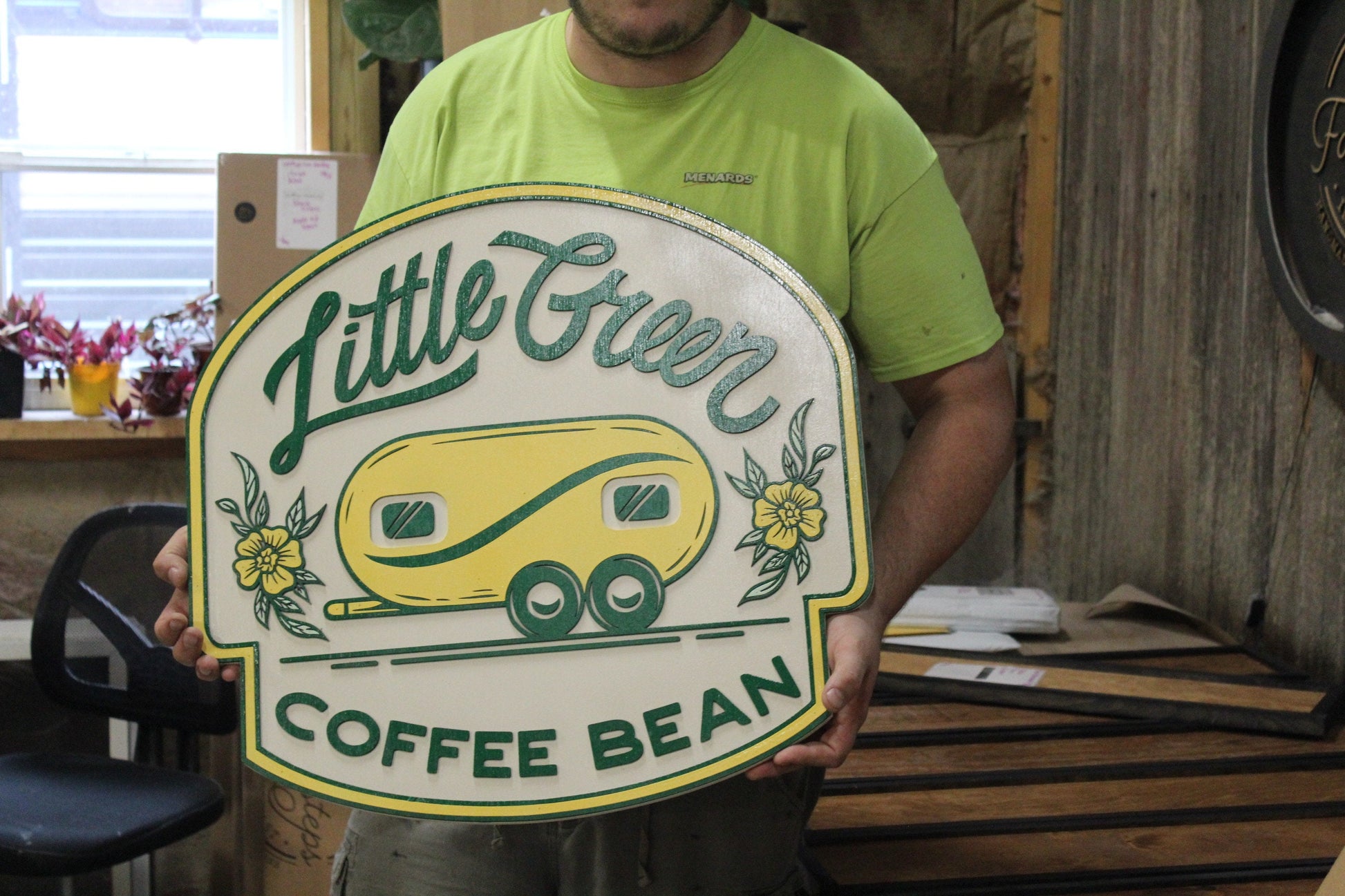 Coffee Shop Little Camper Coffee Bean Yellow Green Design Logo Image Large Round Custom Wood Sign Can Be Hanging Indoor Outdoor Minimalist