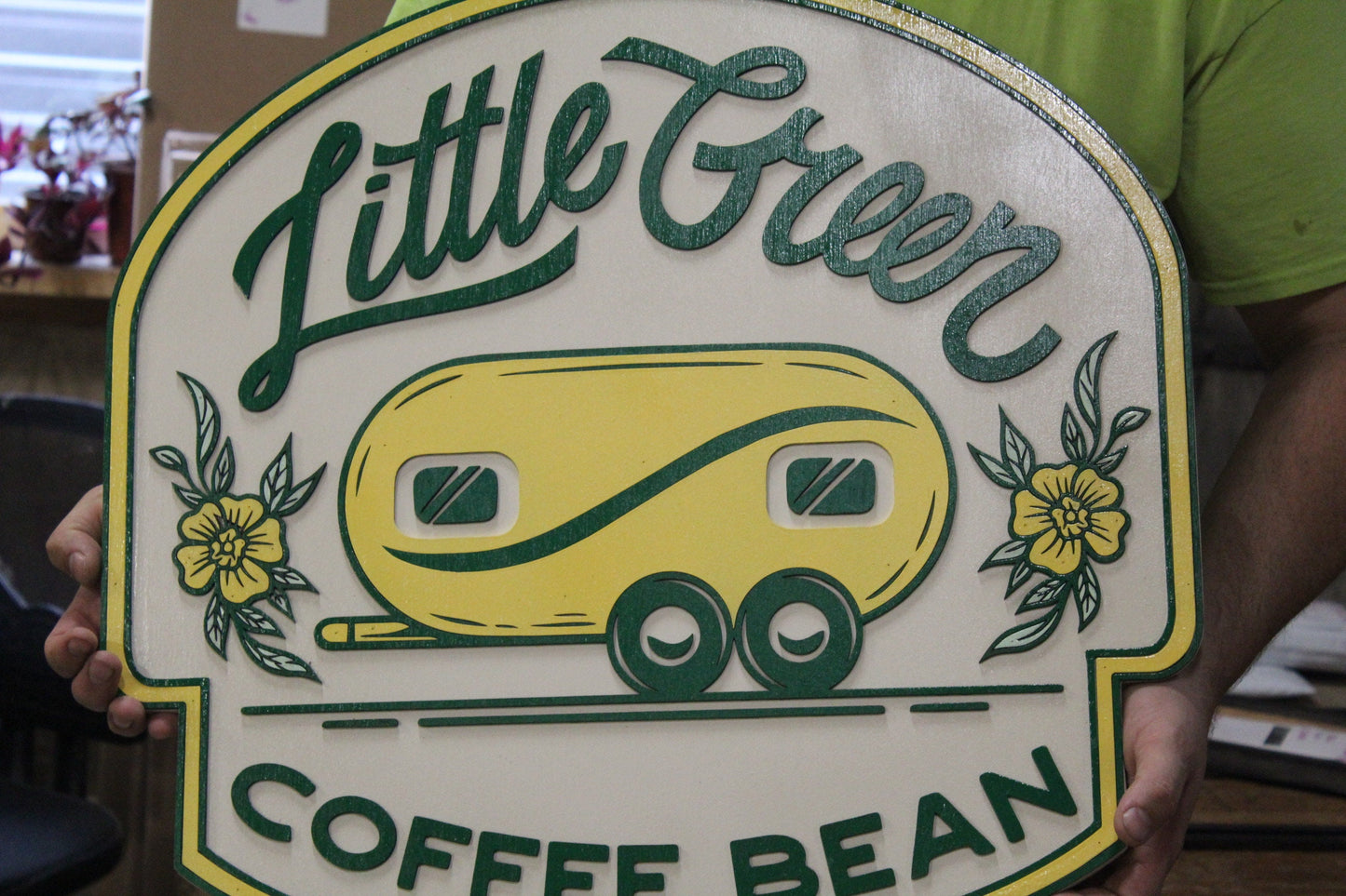 Coffee Shop Little Camper Coffee Bean Yellow Green Design Logo Image Large Round Custom Wood Sign Can Be Hanging Indoor Outdoor Minimalist