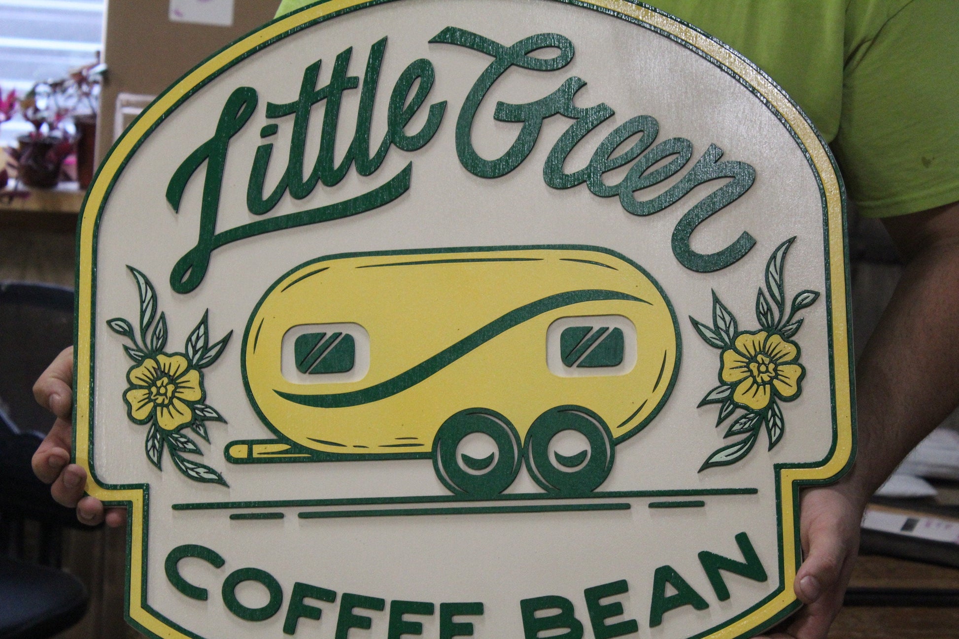 Coffee Shop Little Camper Coffee Bean Yellow Green Design Logo Image Large Round Custom Wood Sign Can Be Hanging Indoor Outdoor Minimalist