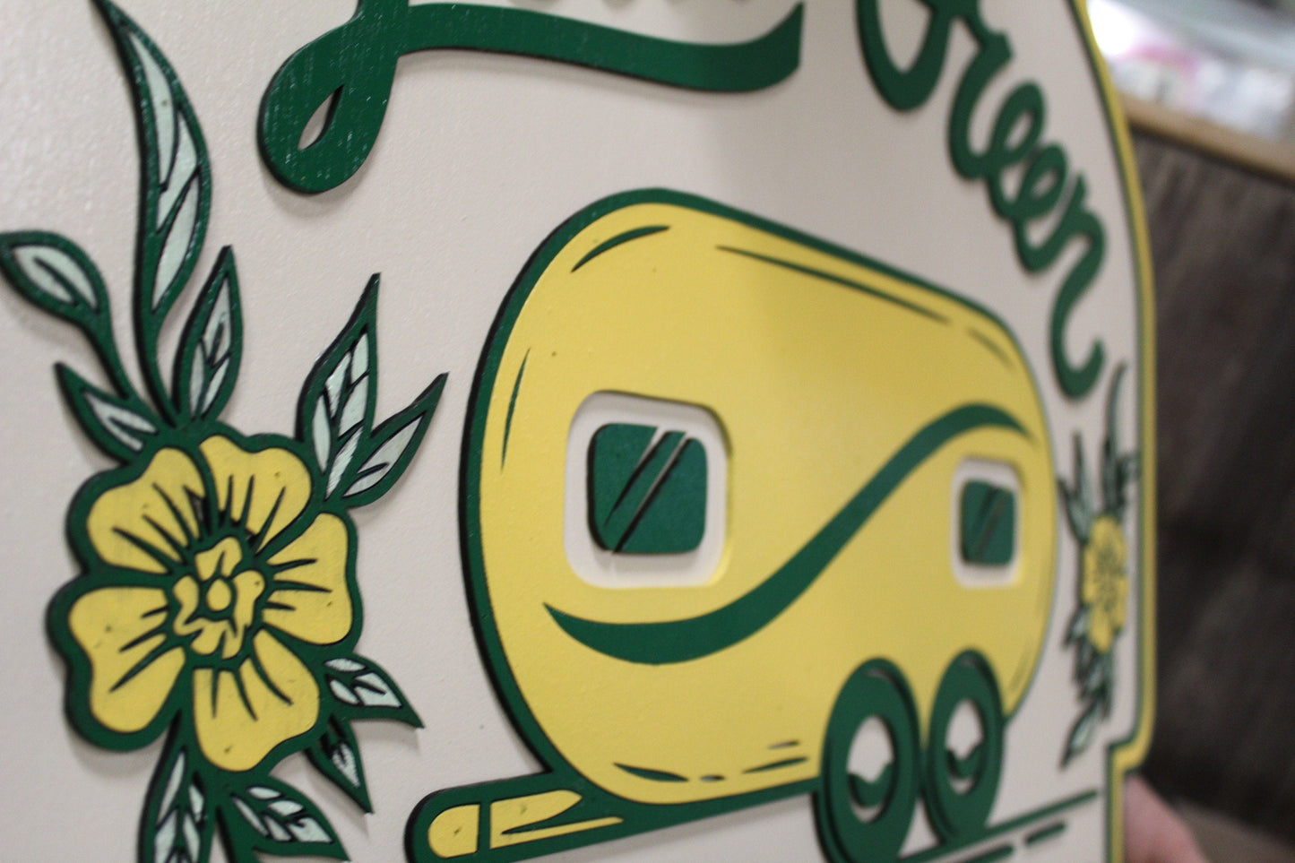 Coffee Shop Little Camper Coffee Bean Yellow Green Design Logo Image Large Round Custom Wood Sign Can Be Hanging Indoor Outdoor Minimalist