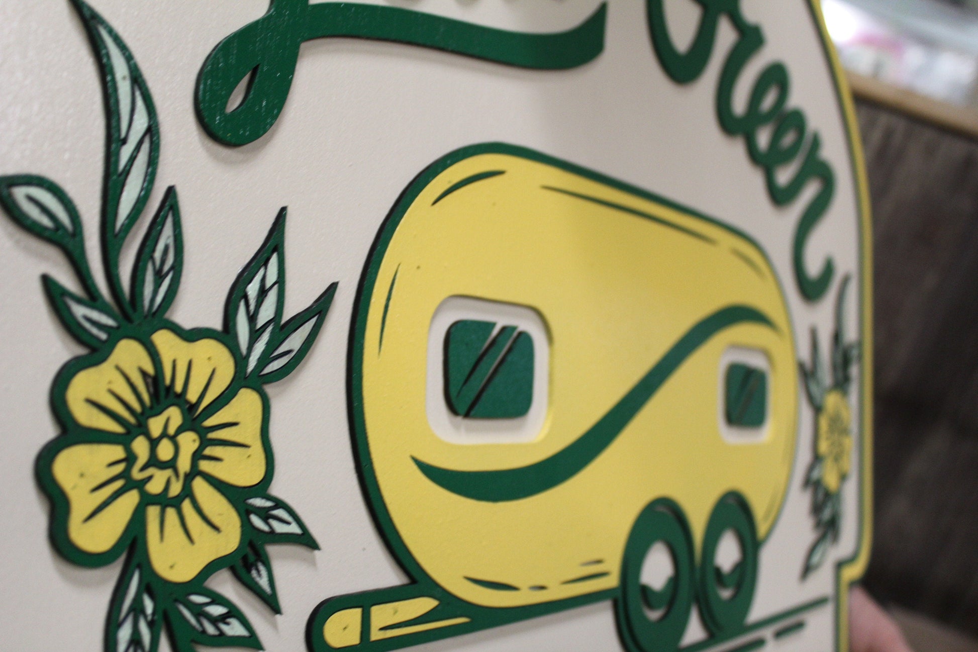 Coffee Shop Little Camper Coffee Bean Yellow Green Design Logo Image Large Round Custom Wood Sign Can Be Hanging Indoor Outdoor Minimalist