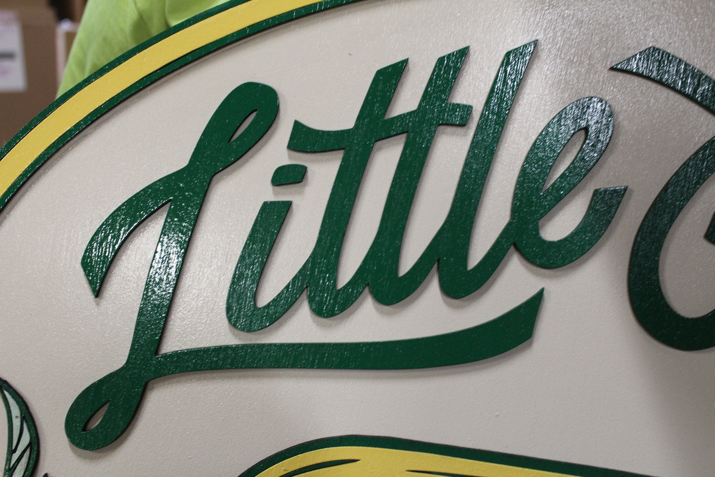 Coffee Shop Little Camper Coffee Bean Yellow Green Design Logo Image Large Round Custom Wood Sign Can Be Hanging Indoor Outdoor Minimalist