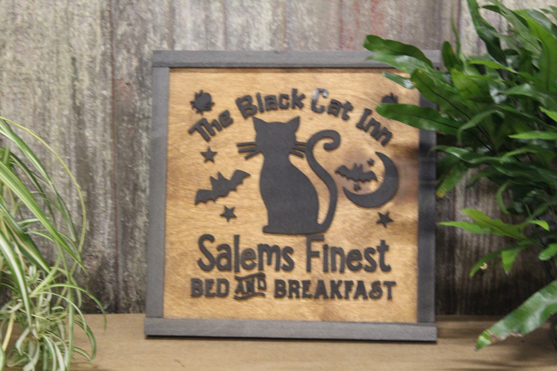 Black Cat Salem Fine Bed and Breakfast Square Wood 3D lettering Classic Rustic Halloween Fall Autumn Holiday Seasonal Bats Cute Kitchen Home