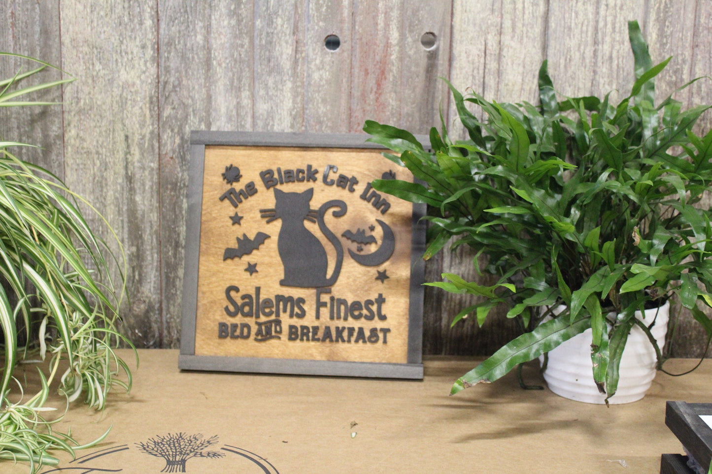 Black Cat Salem Fine Bed and Breakfast Square Wood 3D lettering Classic Rustic Halloween Fall Autumn Holiday Seasonal Bats Cute Kitchen Home