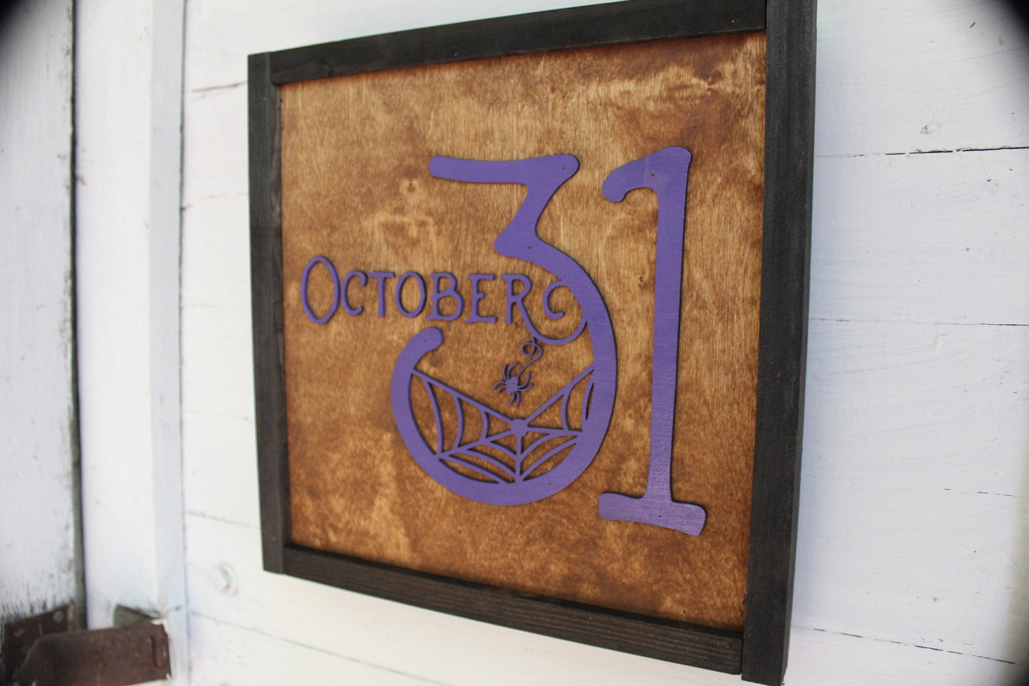 October 31st Halloween Square Wood Sign Rustic Purple Chic Web Spooky Seasonal Autumn Fall Outdoor Indoor Stained Framed Customizable