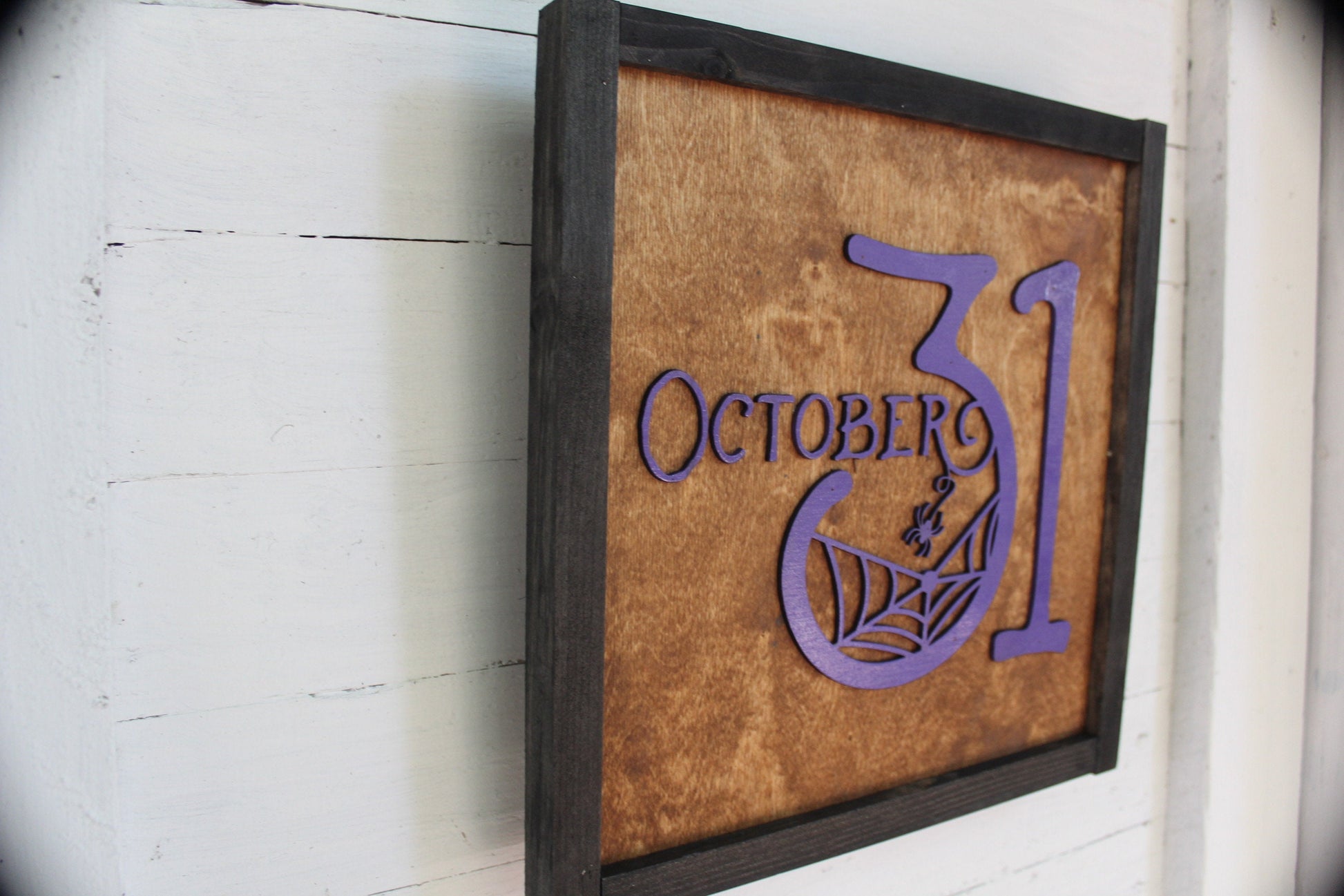 October 31st Halloween Square Wood Sign Rustic Purple Chic Web Spooky Seasonal Autumn Fall Outdoor Indoor Stained Framed Customizable