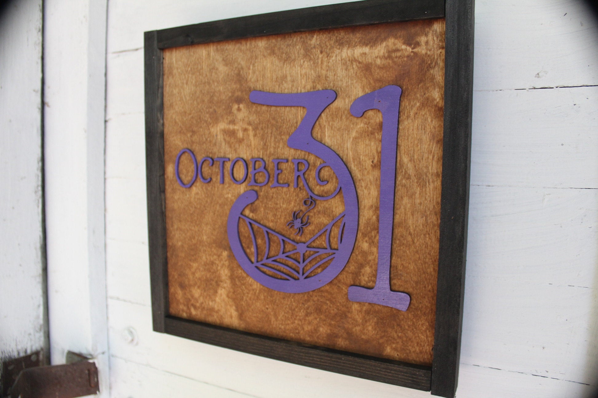 October 31st Halloween Square Wood Sign Rustic Purple Chic Web Spooky Seasonal Autumn Fall Outdoor Indoor Stained Framed Customizable