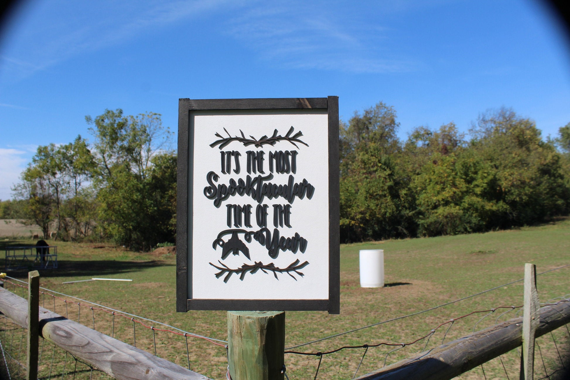 Halloween Spooky Season Spooktacular Sign Time Year Black and White Sticks Bats Chic Cursive Words Sayings Framed 3D Lettering Sticks Wood