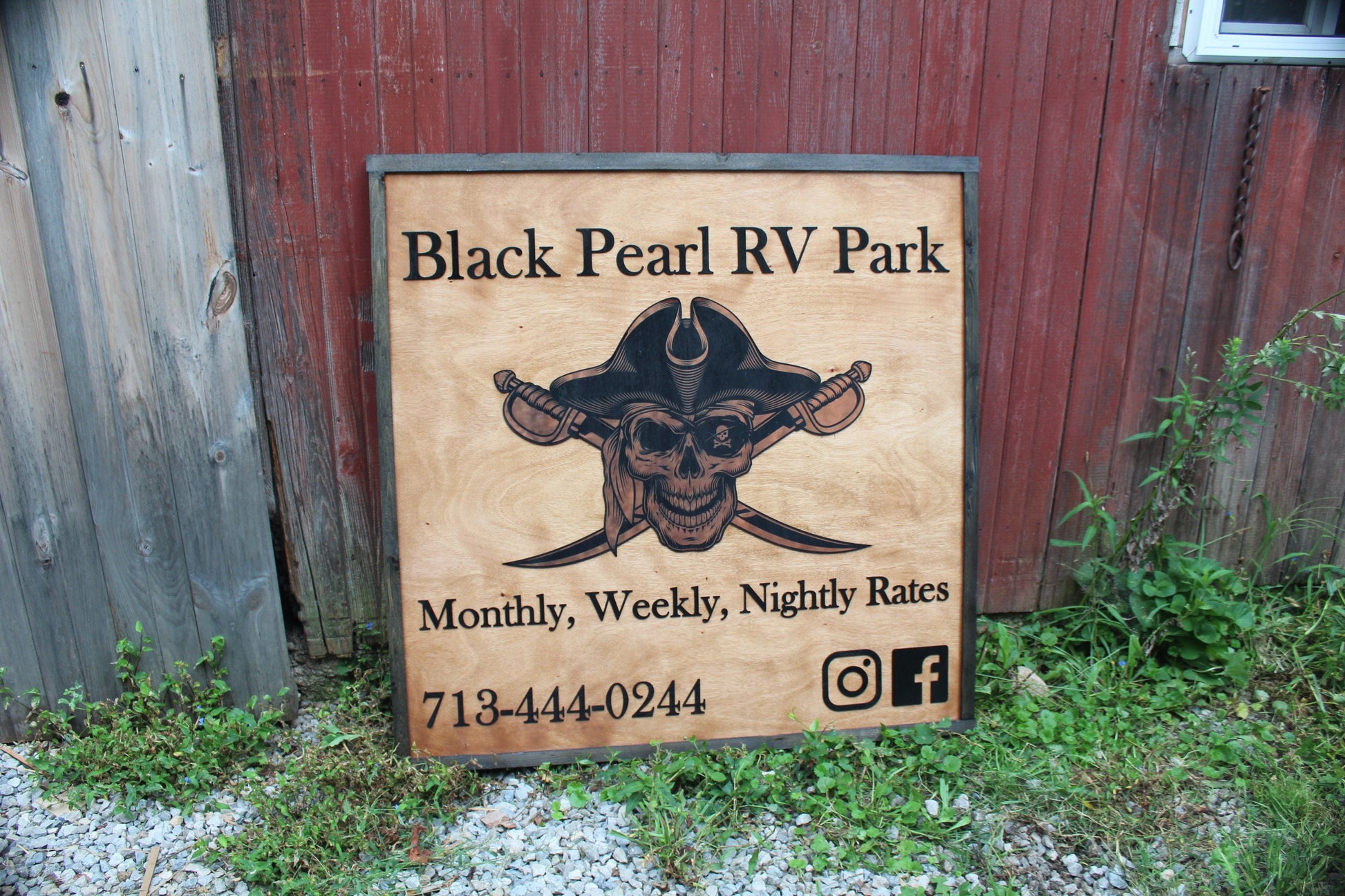 Black Pearl Rv Park Camping Pirate Swords Uv Printed 3D Custom Business Logo Square Oversized Rustic Wood Laser Cut Out 3D Extra Large Sign