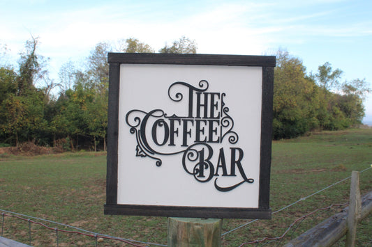 The Coffee Bar Raised 3D Wood Black White Scroll Text Décor Decoration Wall Art Farmhouse Rustic Handmade Accessories Kitchen