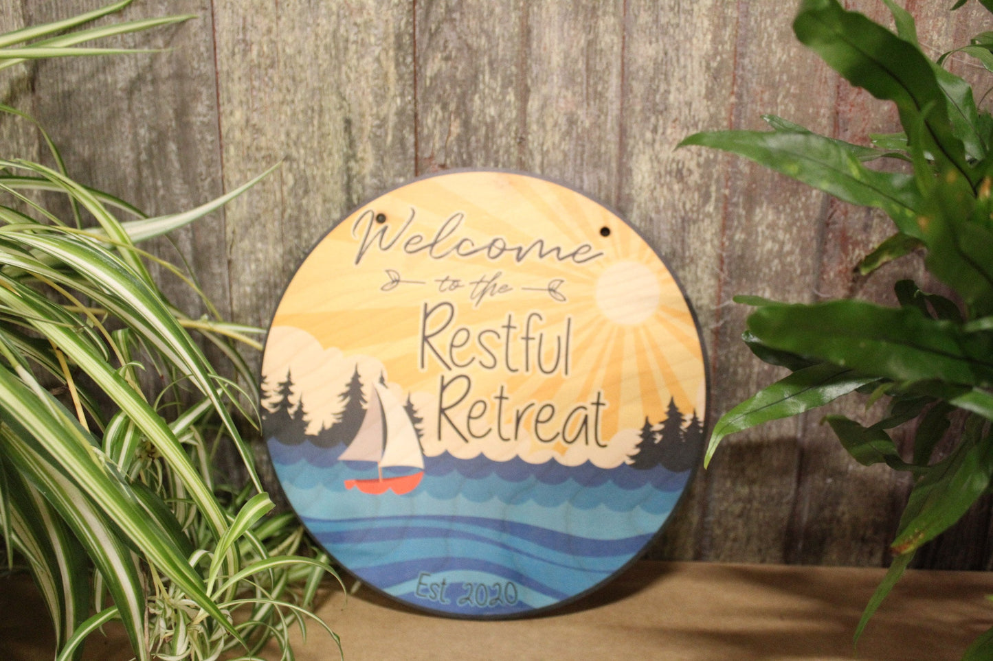 Small Business Sign Beach Restful Retreat Relax Logo Your Actual Logo Round Sign Custom Circle Personalized Plaque Wall Art Color Wood Print