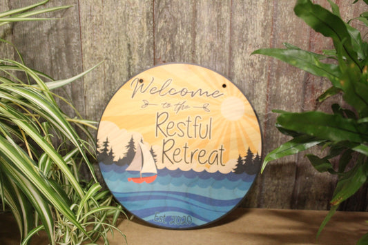 Small Business Sign Beach Restful Retreat Relax Logo Your Actual Logo Round Sign Custom Circle Personalized Plaque Wall Art Color Wood Print
