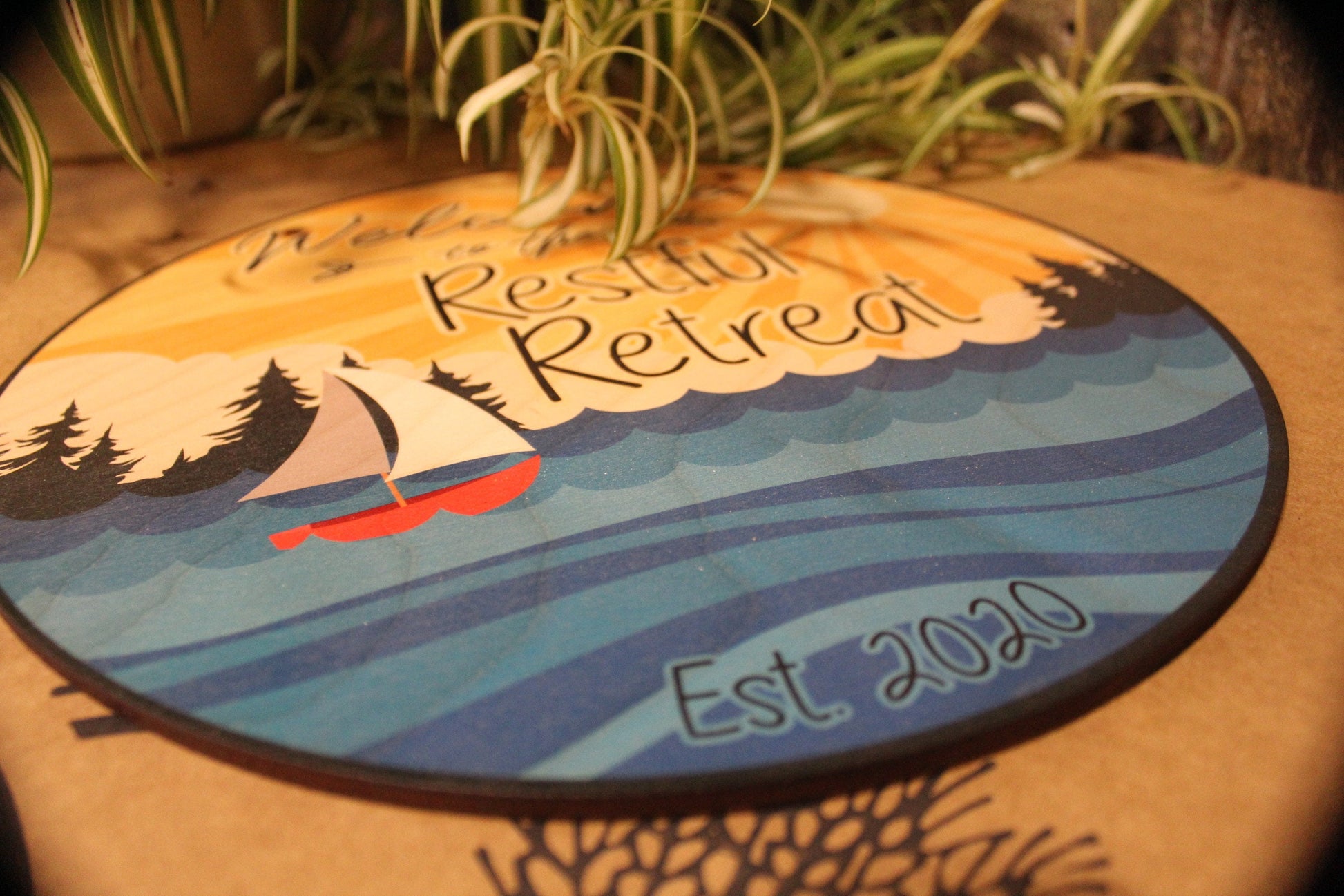 Small Business Sign Beach Restful Retreat Relax Logo Your Actual Logo Round Sign Custom Circle Personalized Plaque Wall Art Color Wood Print