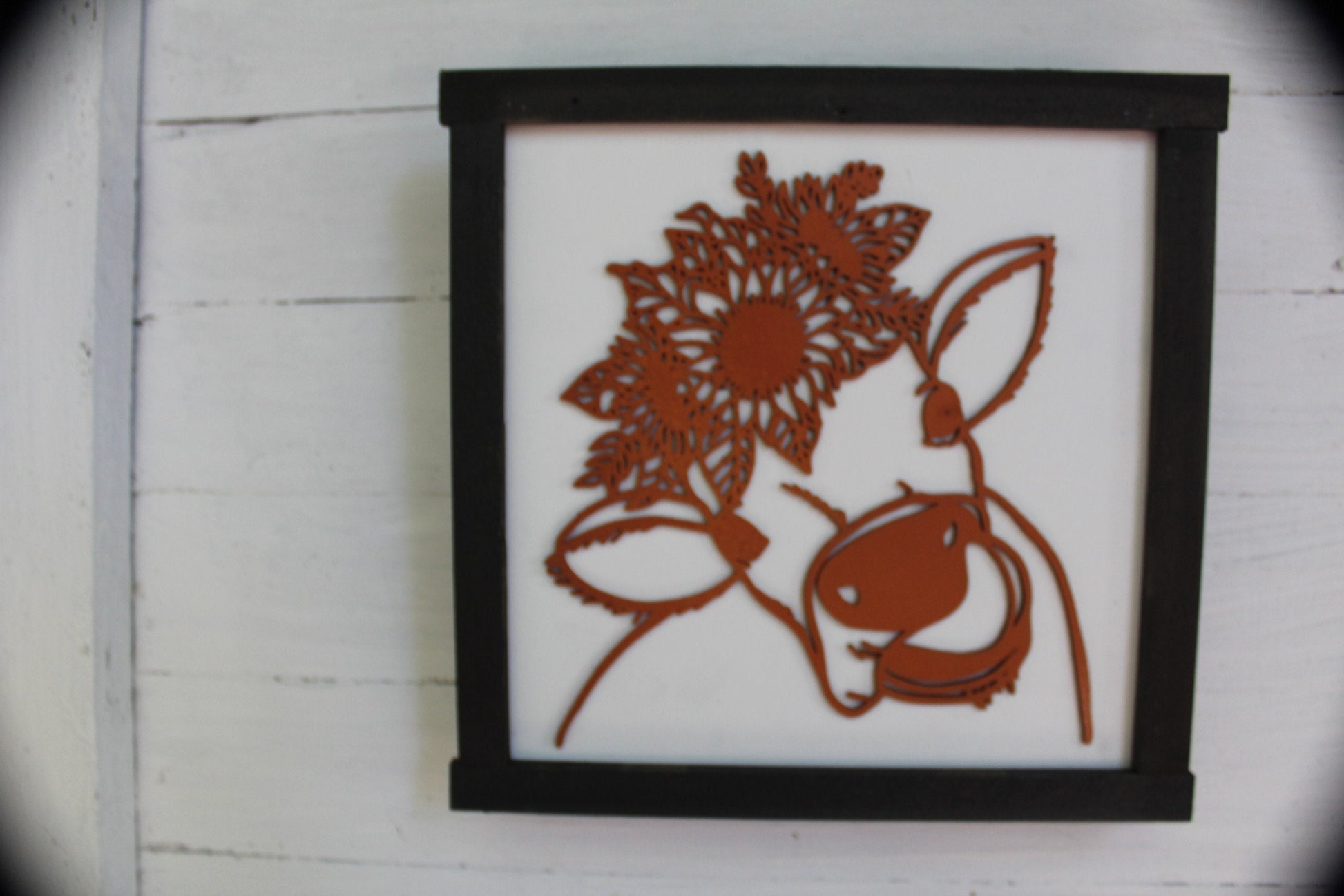 Cow Flower Crown Wood Sign 3D Raised Text Sunflower Floral Heifer Farm Cow Kissses Country Primitive Framed Wall Hanging Porch Decor