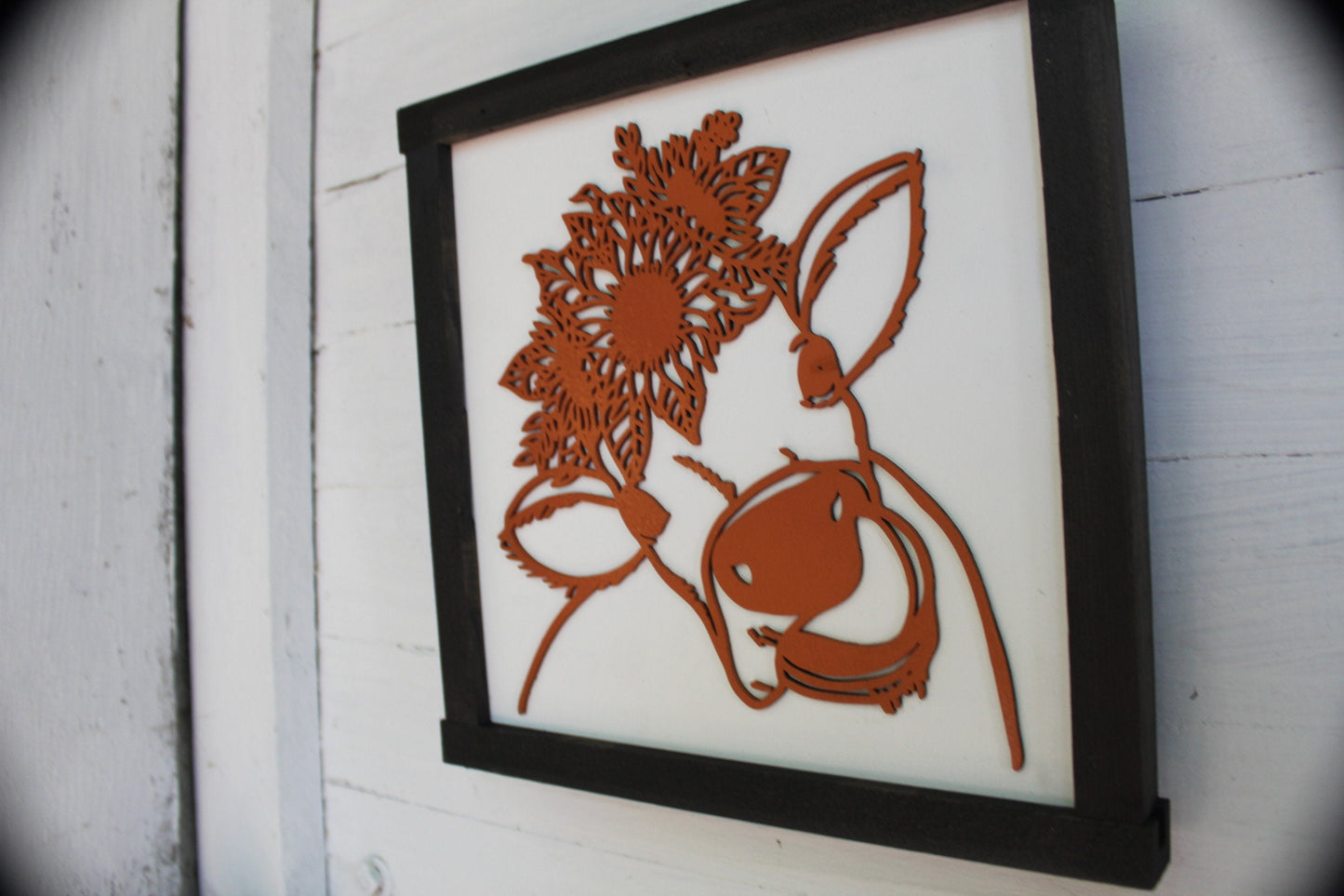 Cow Flower Crown Wood Sign 3D Raised Text Sunflower Floral Heifer Farm Cow Kissses Country Primitive Framed Wall Hanging Porch Decor