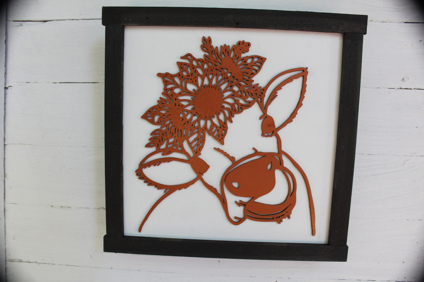 Cow Flower Crown Wood Sign 3D Raised Text Sunflower Floral Heifer Farm Cow Kissses Country Primitive Framed Wall Hanging Porch Decor