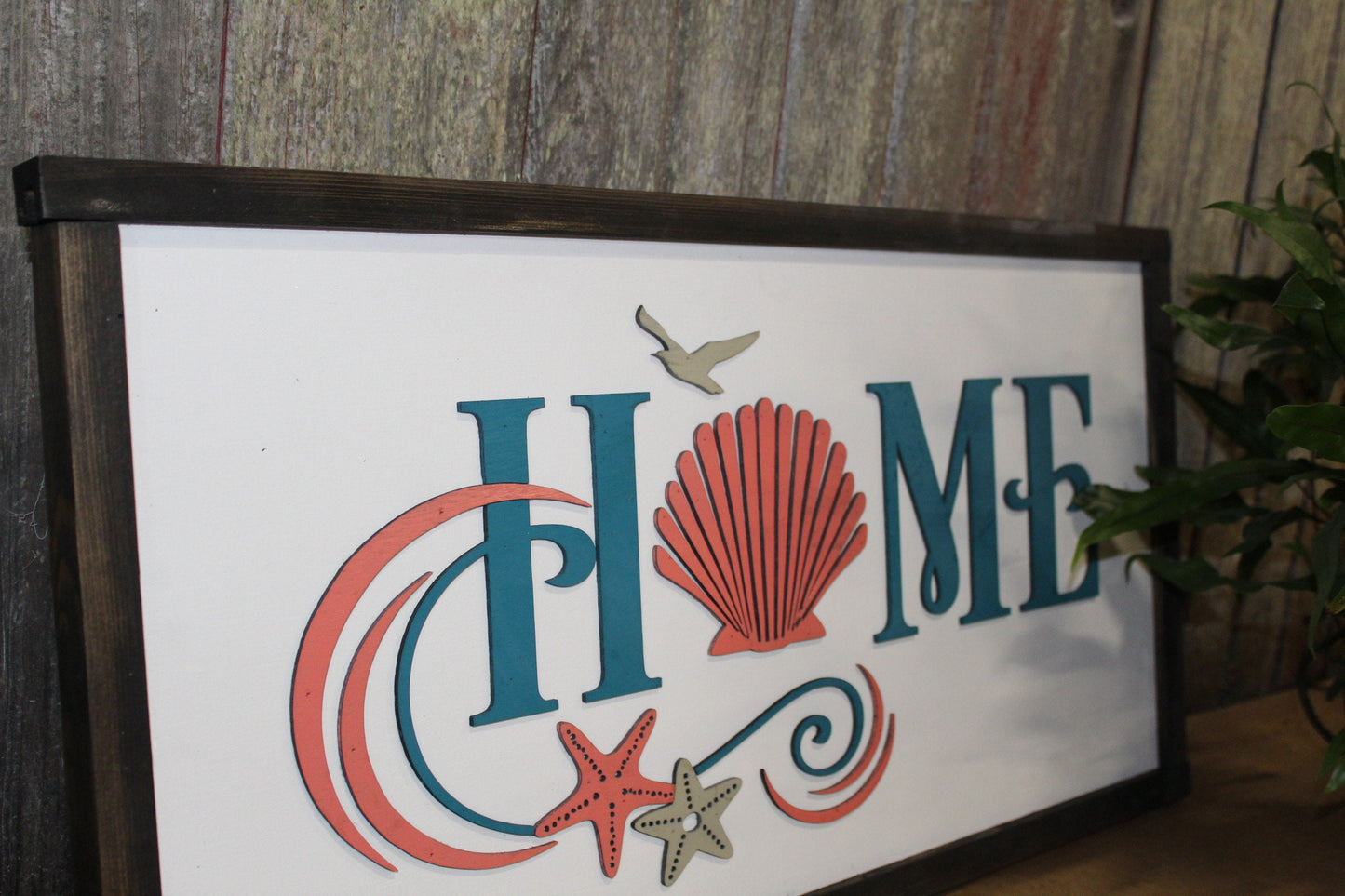 Home Beach Starfish Seagull Seashell Beach House Vacation Home Retirement Blue Peach Blessed Wooden 3D Raised Handmade Gift Tropical