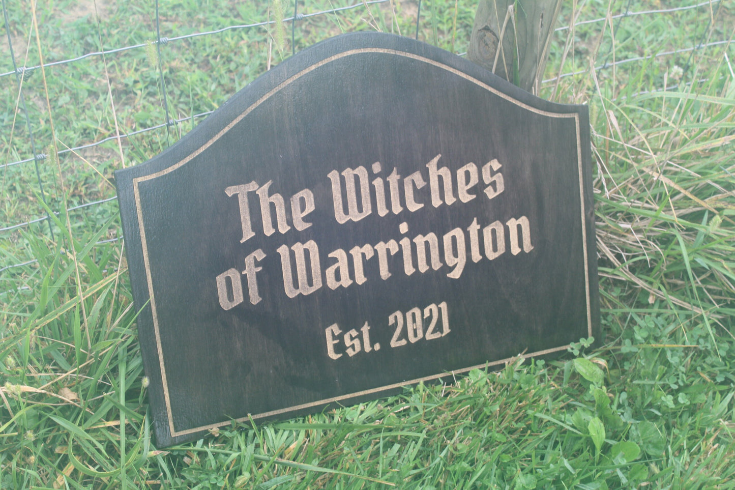 Custom Wood Sign Engraved Color Filled Witches Haunted Commerical Sign Graveyard Rustic Victorian Your Logo Personalized Contour Shape Witch